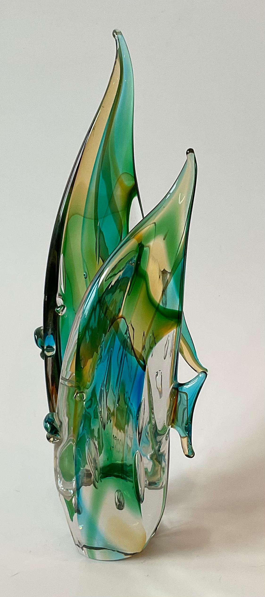 Mid-Century Modern Signed Luigi Mellara Large Murano Art Glass Double Fish Sculpture Vibrant Color
