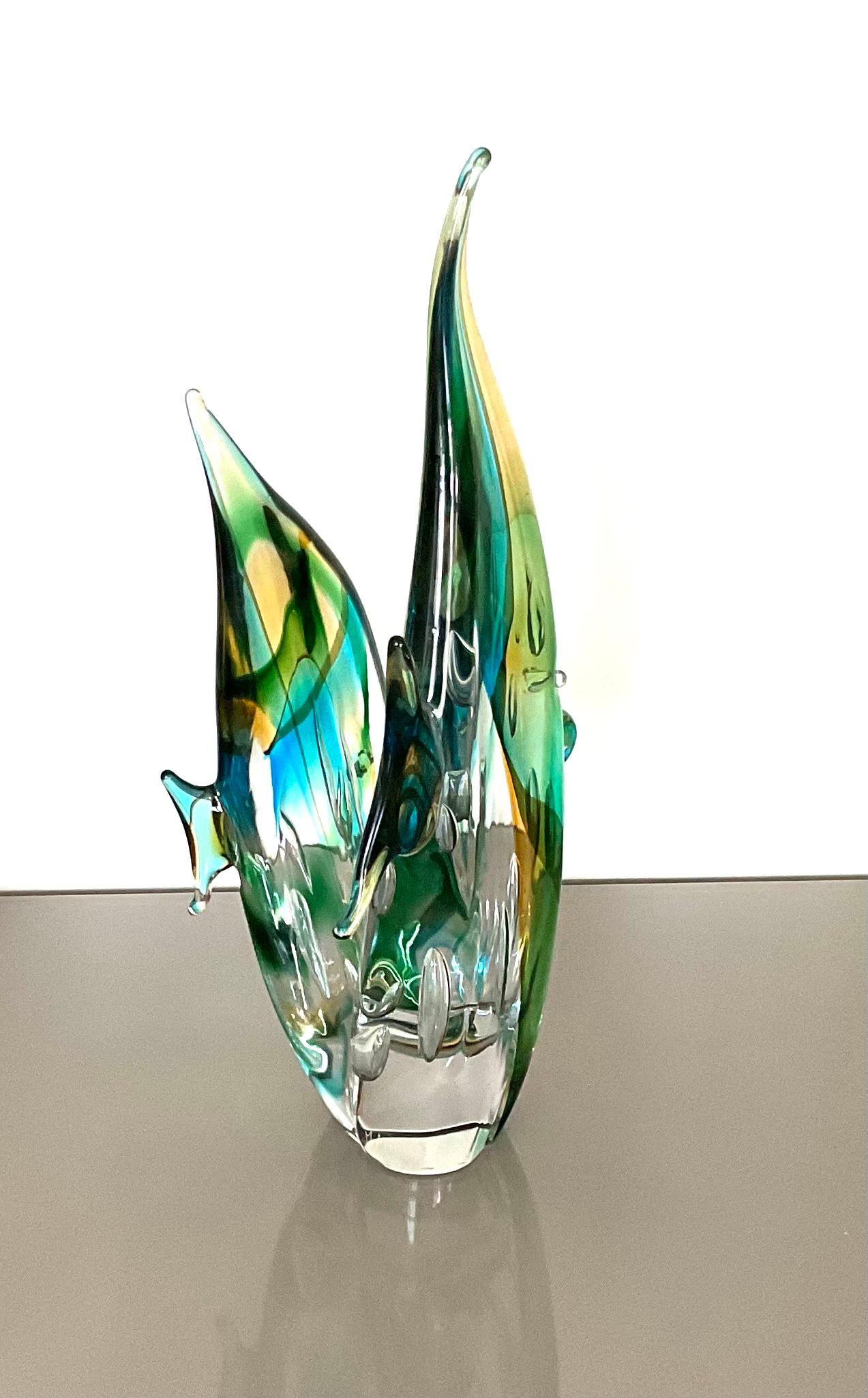 Italian Signed Luigi Mellara Large Murano Art Glass Double Fish Sculpture Vibrant Color