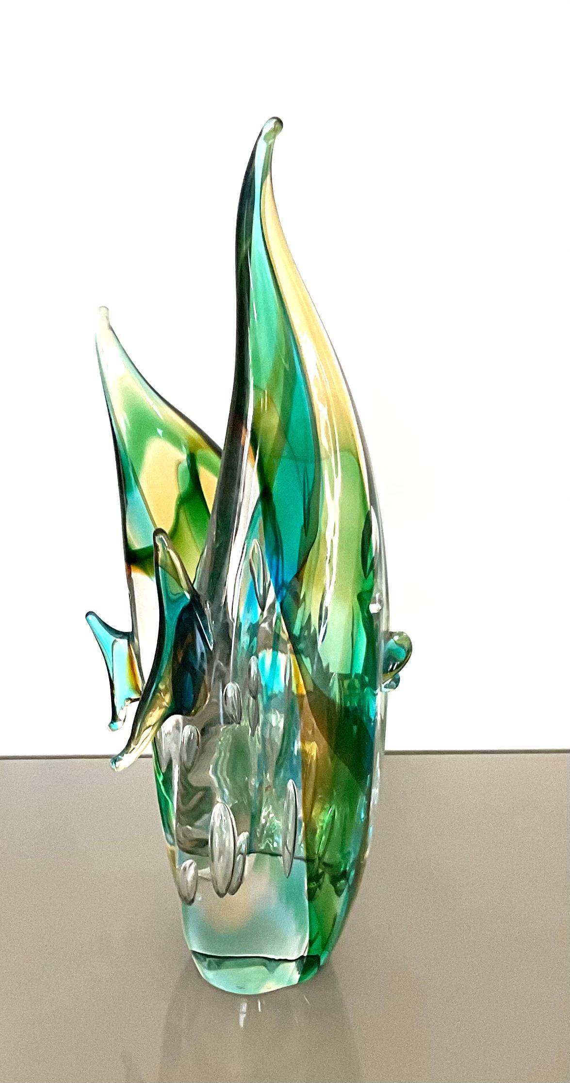 Signed Luigi Mellara Large Murano Art Glass Double Fish Sculpture Vibrant Color In Good Condition In Ann Arbor, MI