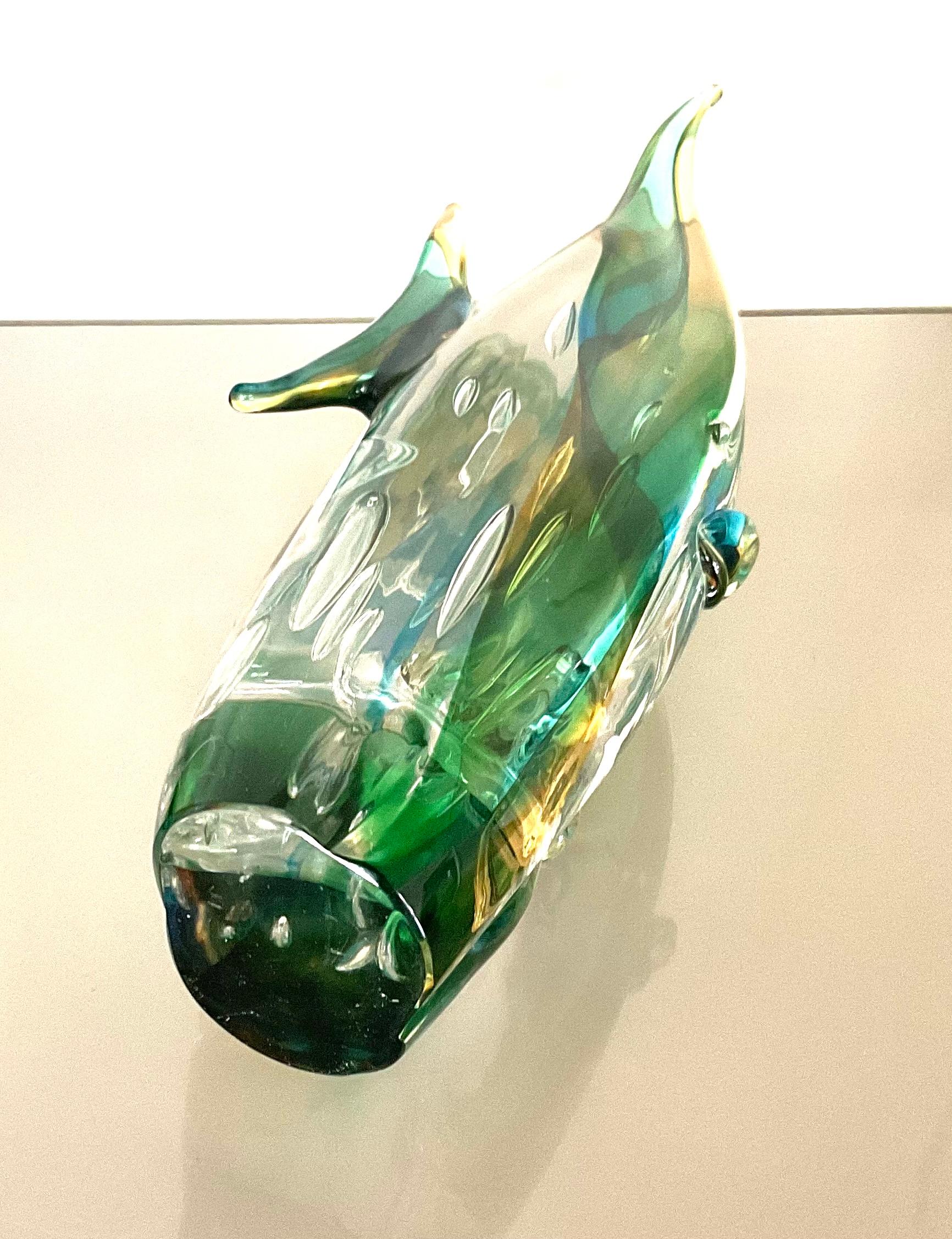Late 20th Century Signed Luigi Mellara Large Murano Art Glass Double Fish Sculpture Vibrant Color
