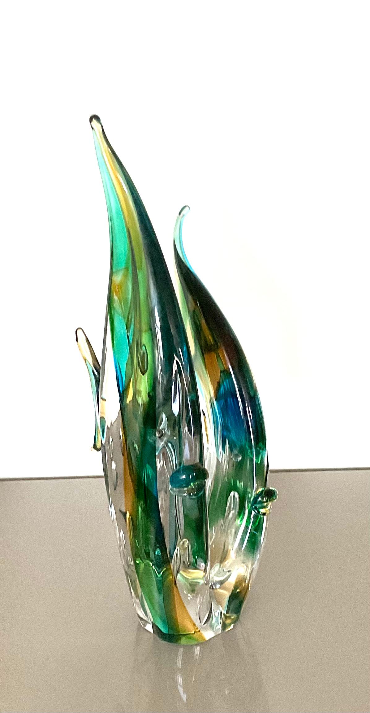 Signed Luigi Mellara Large Murano Art Glass Double Fish Sculpture Vibrant Color 1