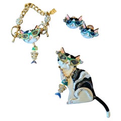 Signierte LUNCH AT THE RITZ Kitty Cat Brosche Pin-Armband und Ohrringe Vintage Set