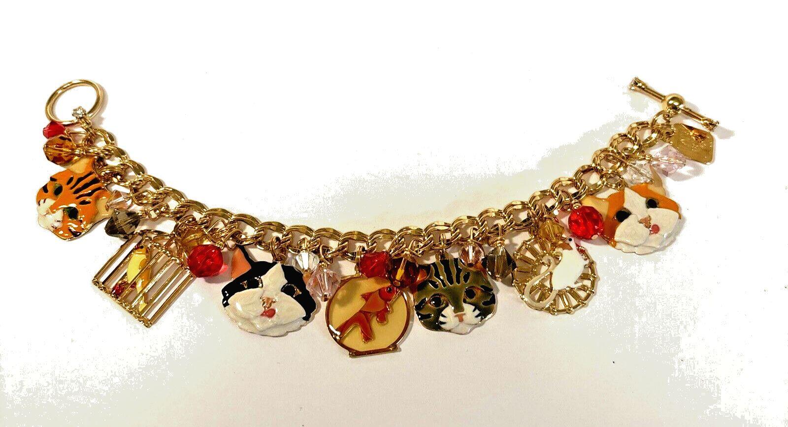 Signed Lunch at the Ritz Multi Charm Cats Mouse and Bird in Gilt Cage Bracelet  For Sale 4
