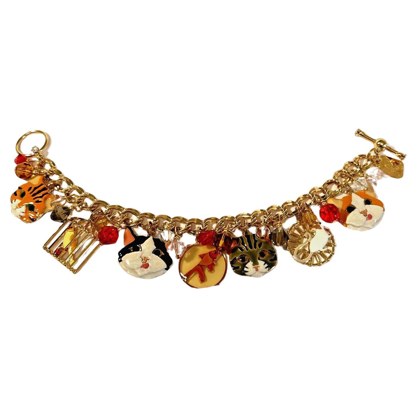 Signed Lunch at the Ritz Multi Charm Cats Mouse and Bird in Gilt Cage Bracelet  For Sale