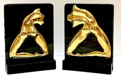 Signed M. Lima Abstract Bronze and Glass Bookends, Nude Profiles