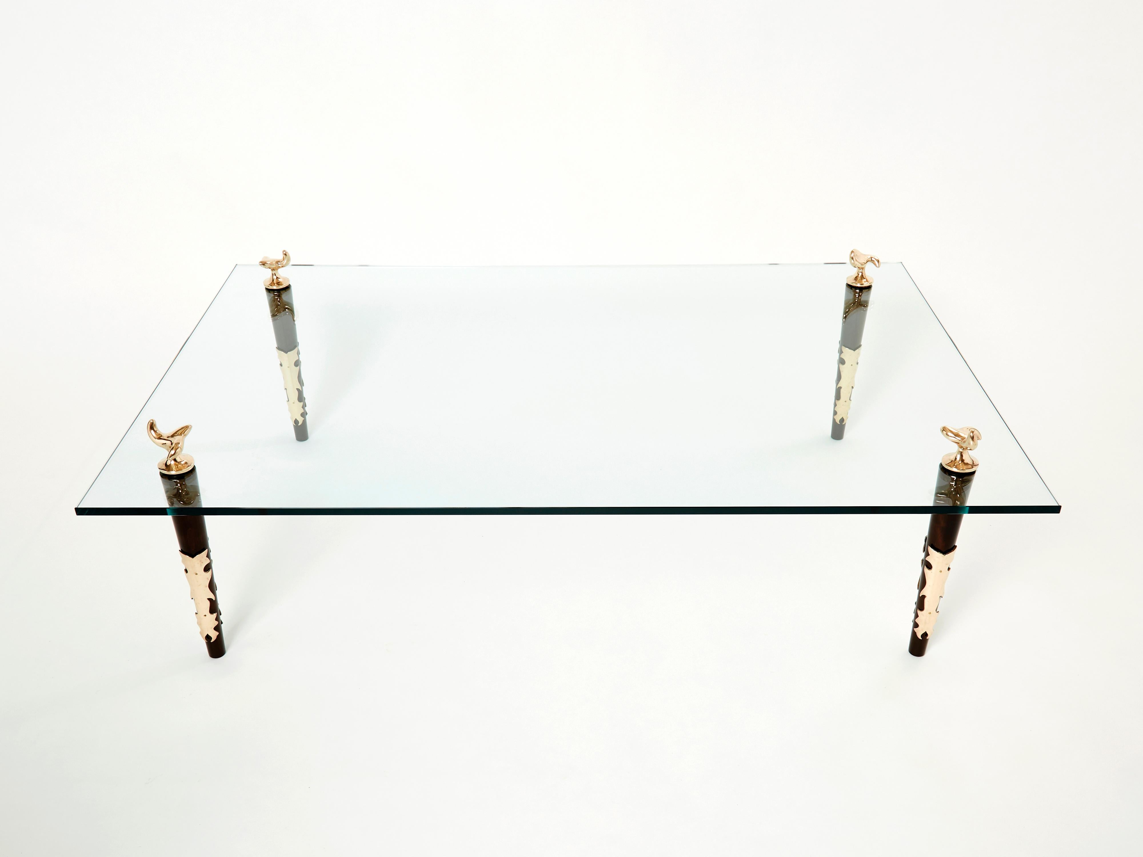 Rare and unique signed coffee table by Elizabeth Garouste & Mattia Bonetti, model “Quatuor”, designed and made in 1995 by the iconic duo. The feet are made in beautiful varnished mahogany decorated with gilt bronze elements. This is clearly a