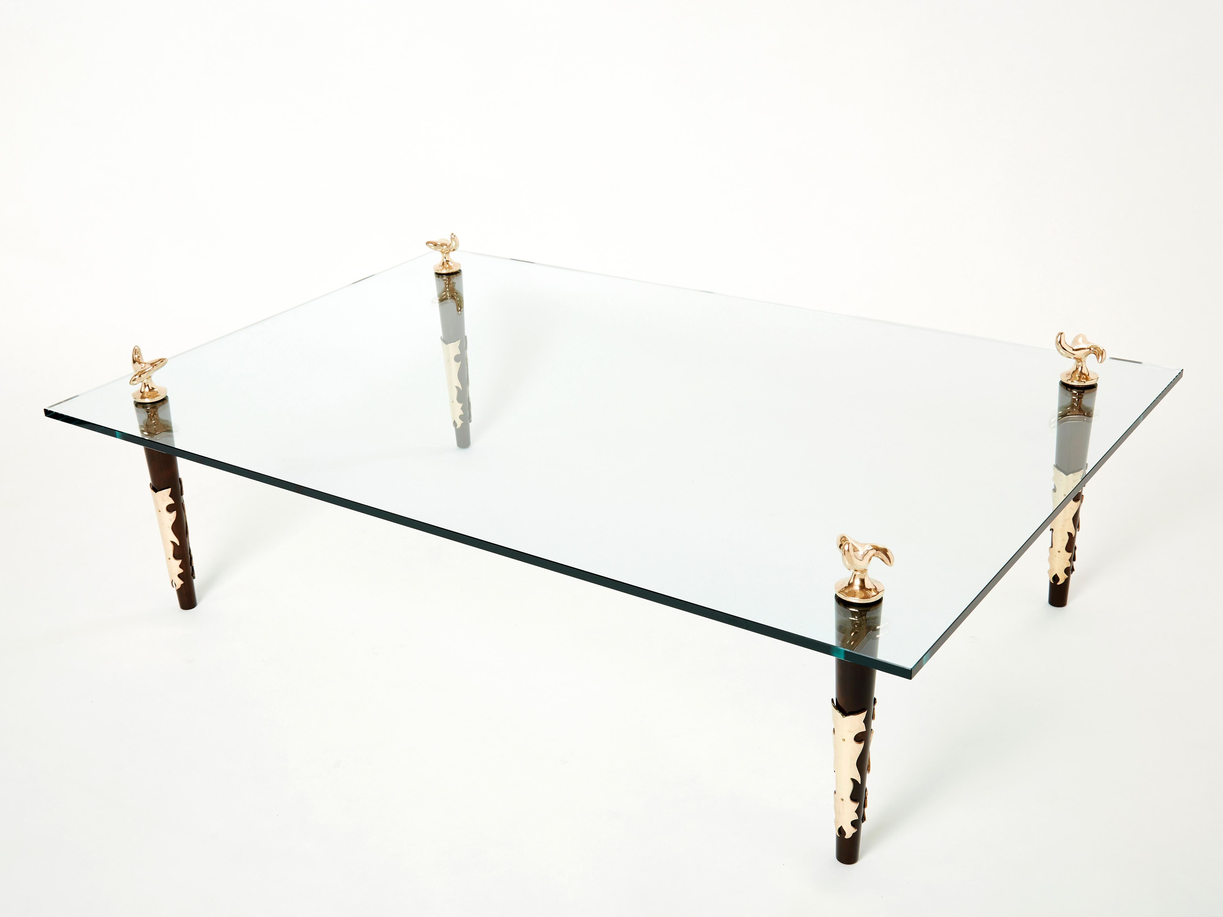 Signed Mahogany Bronze Glass Coffee Table by Garouste & Bonetti 1995 In Good Condition For Sale In Paris, IDF