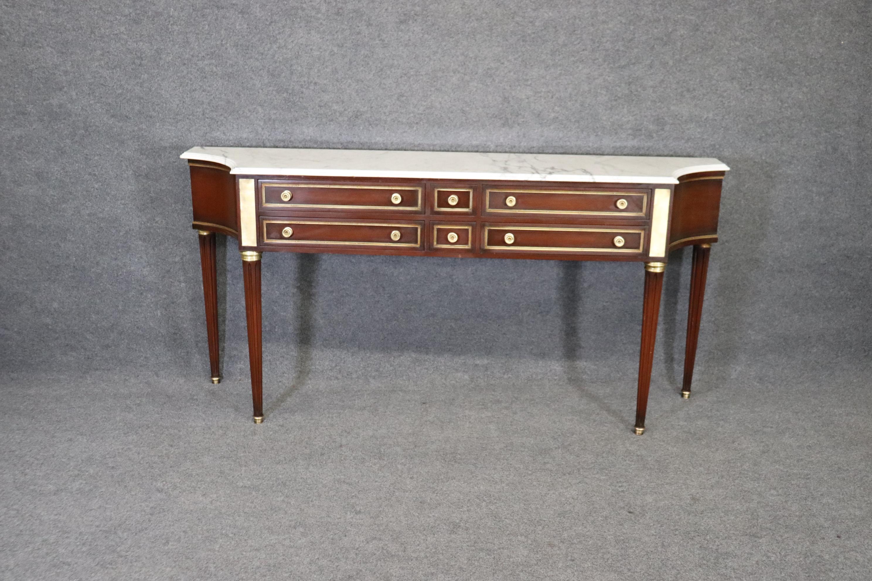 French Signed Mahogany Directoire Maison Jansen Brass Adorned Marble Top Console Table For Sale