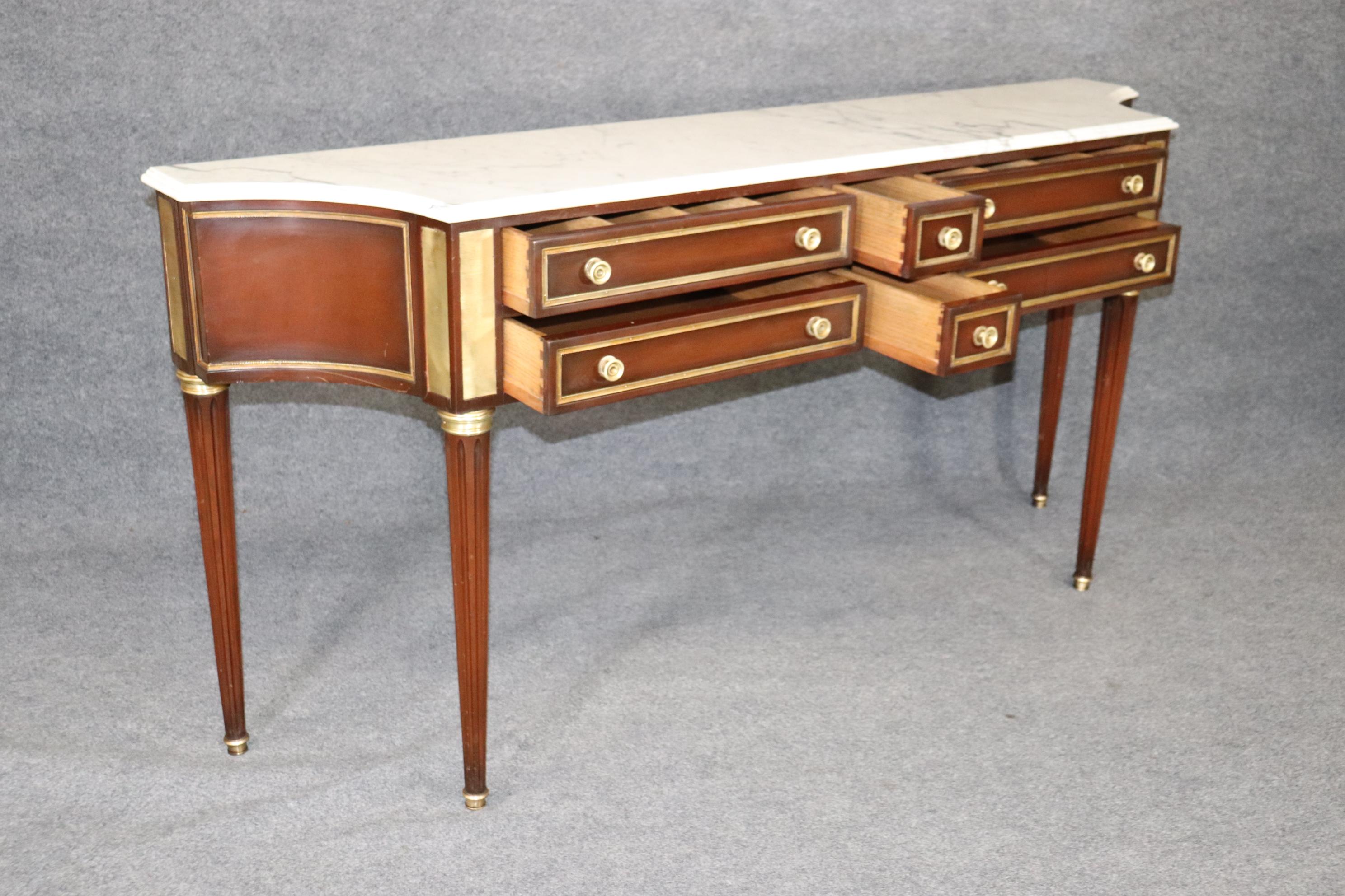 Mid-20th Century Signed Mahogany Directoire Maison Jansen Brass Adorned Marble Top Console Table For Sale