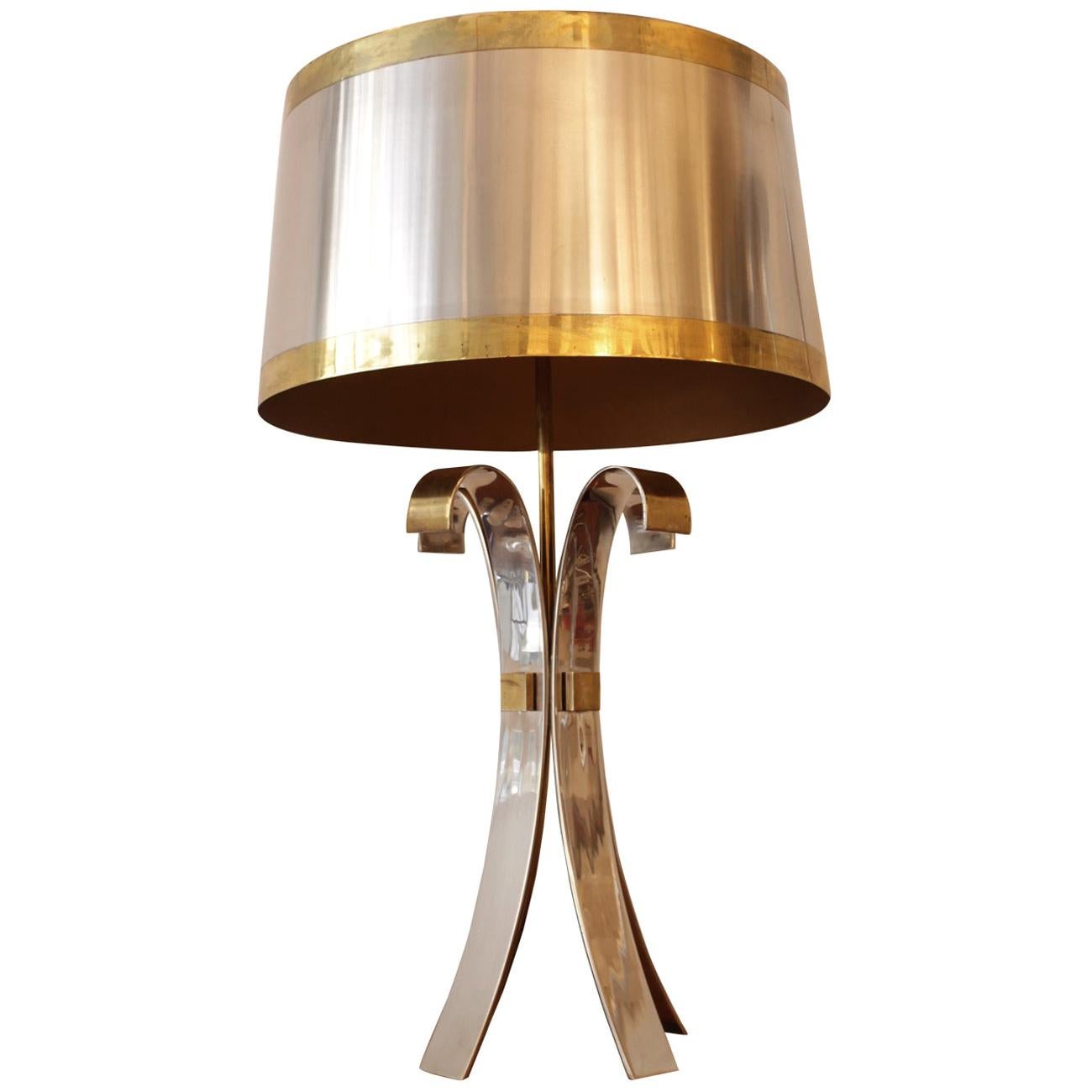 Signed Maison Charles Brass and Stainless Steel "Corolle" Table Lamp, 1970s