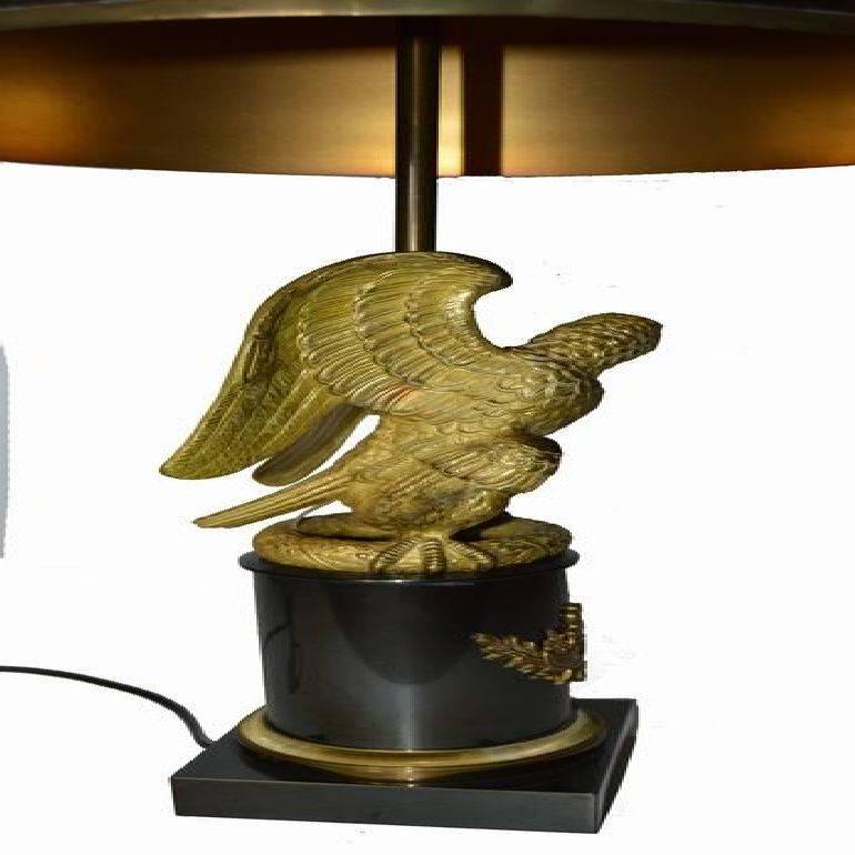 Superb Maison Charles lamp, bronze eagle, original bronze shade. Three lights, 60 watts per light. US rewired and in working condition.
