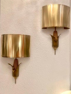 Signed Maison Charles Pair of Bronze & Brass "Corn" Wall Lamps, France, 1970s