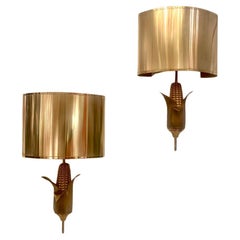 Signed Maison Charles Pair of Bronze & Brass "Corn" Wall Lamps, France, 1970s