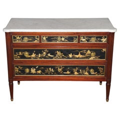Signed Maison Jansen Brass Mounted Chinoiserie Marble Top Louis XVI Commode