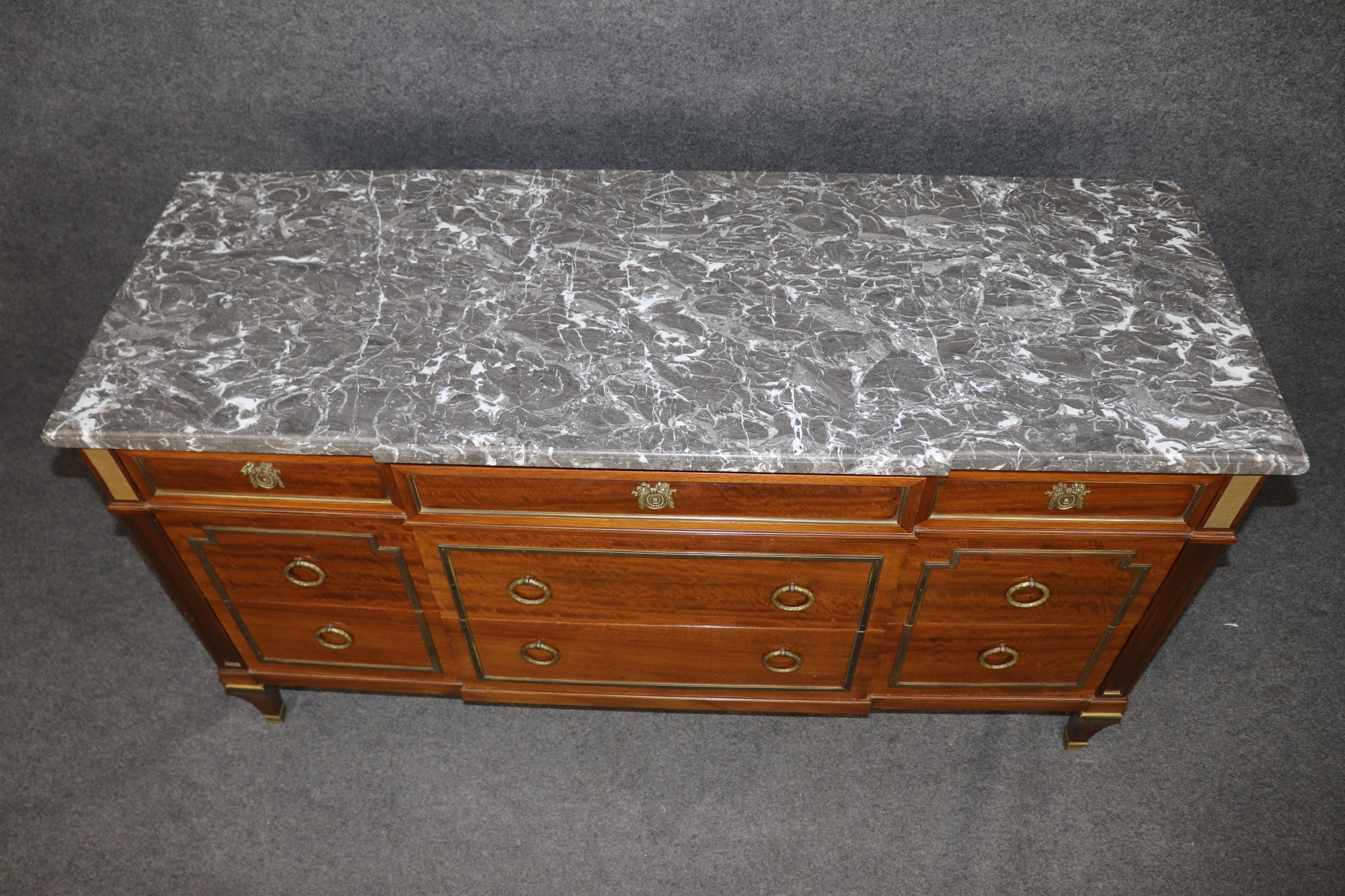 French Signed Maison Jansen Bronze Mounted Marble Top Directoire Commode Dresser For Sale