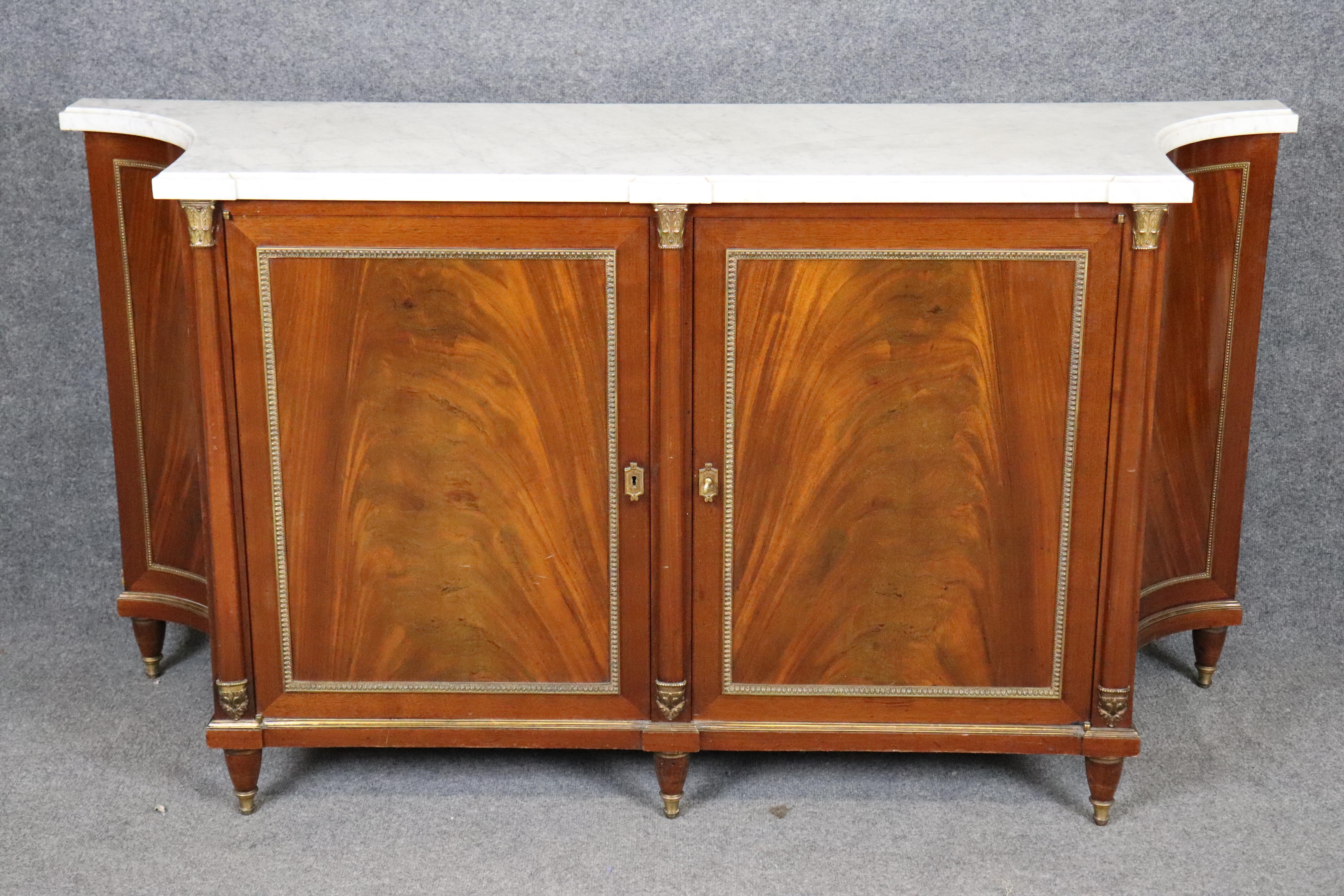 Directoire Signed Maison Jansen Carrara Shallow Marble Top Flame Mahogany Sideboard Buffet For Sale