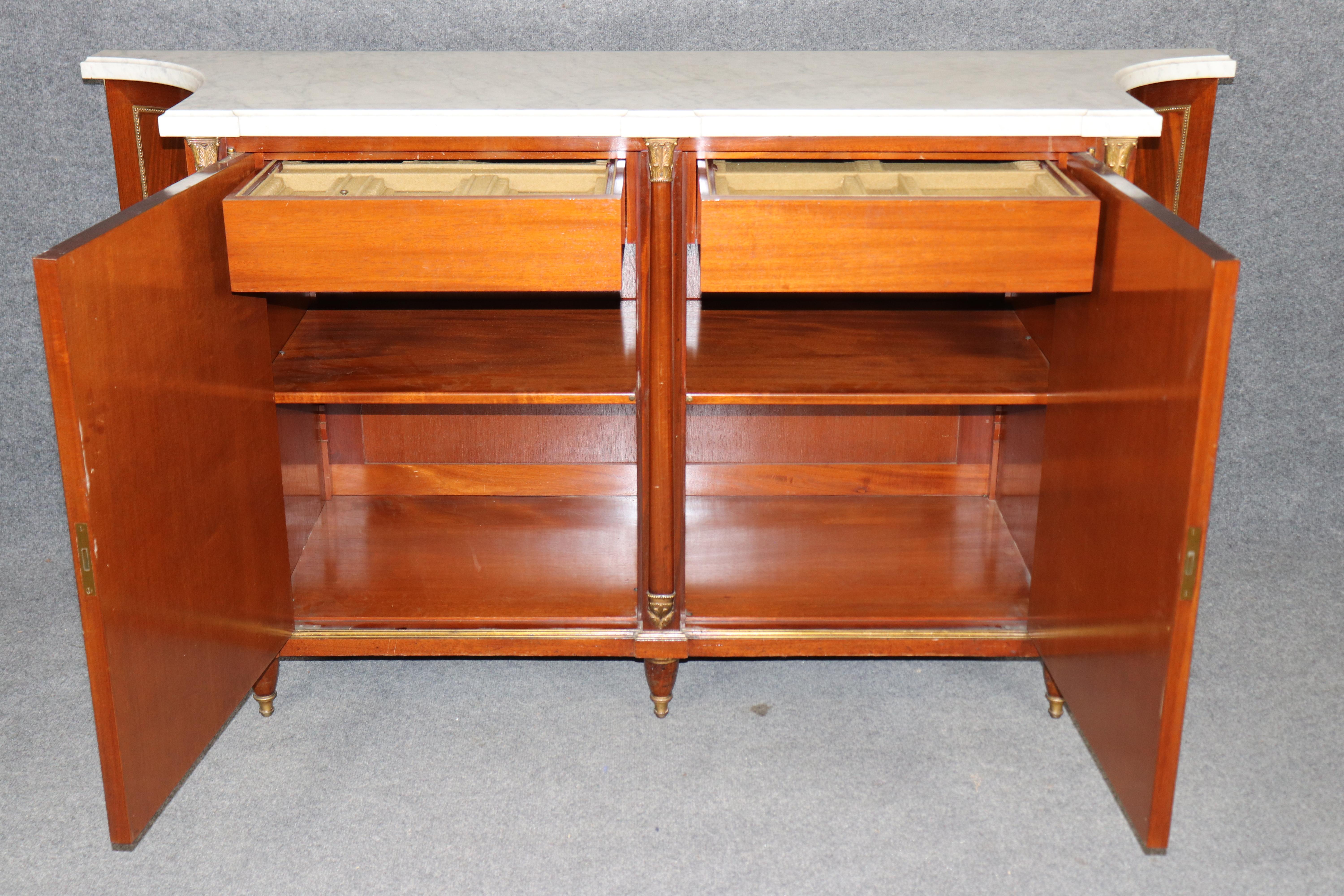 Argentine Signed Maison Jansen Carrara Shallow Marble Top Flame Mahogany Sideboard Buffet For Sale