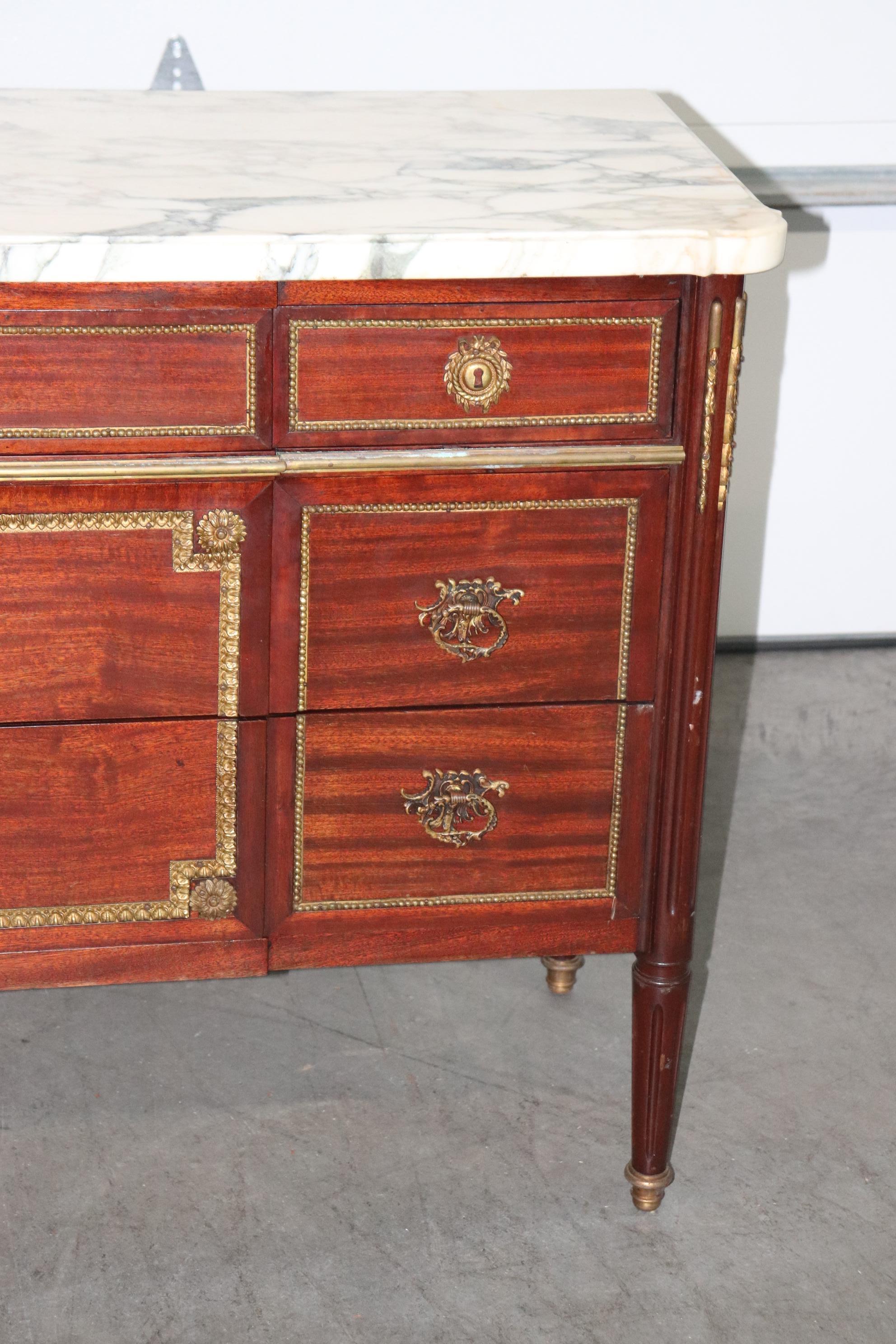 French Signed Maison Jansen Directoire Bronze Mounted 3 Drawer Mahogany Commode For Sale