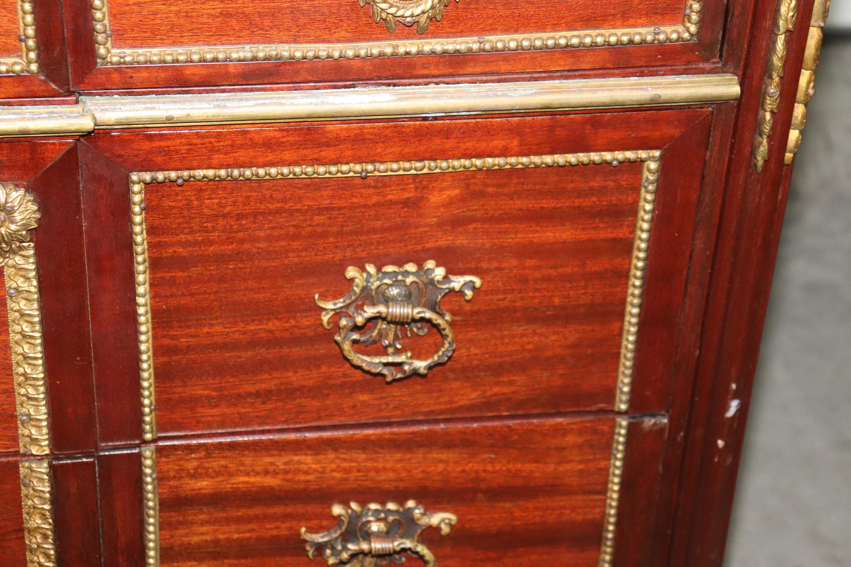 Signed Maison Jansen Directoire Bronze Mounted 3 Drawer Mahogany Commode For Sale 1