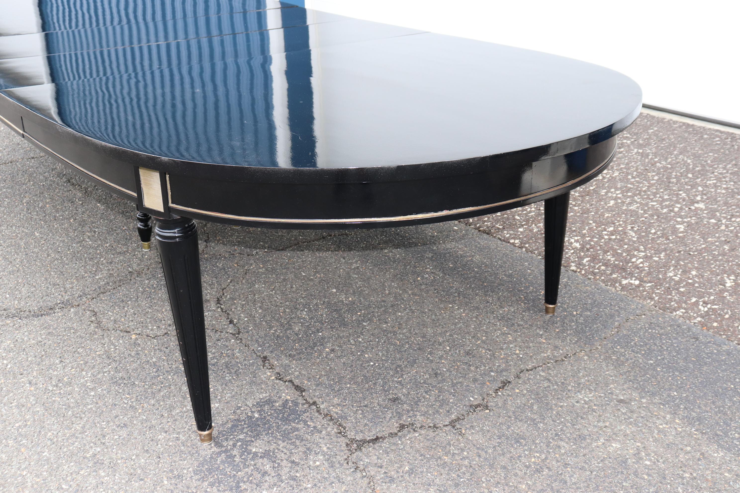 Directoire Signed Maison Jansen Ebonized Black Lacquer Dining Table Brass Trim w 2 Leaves For Sale