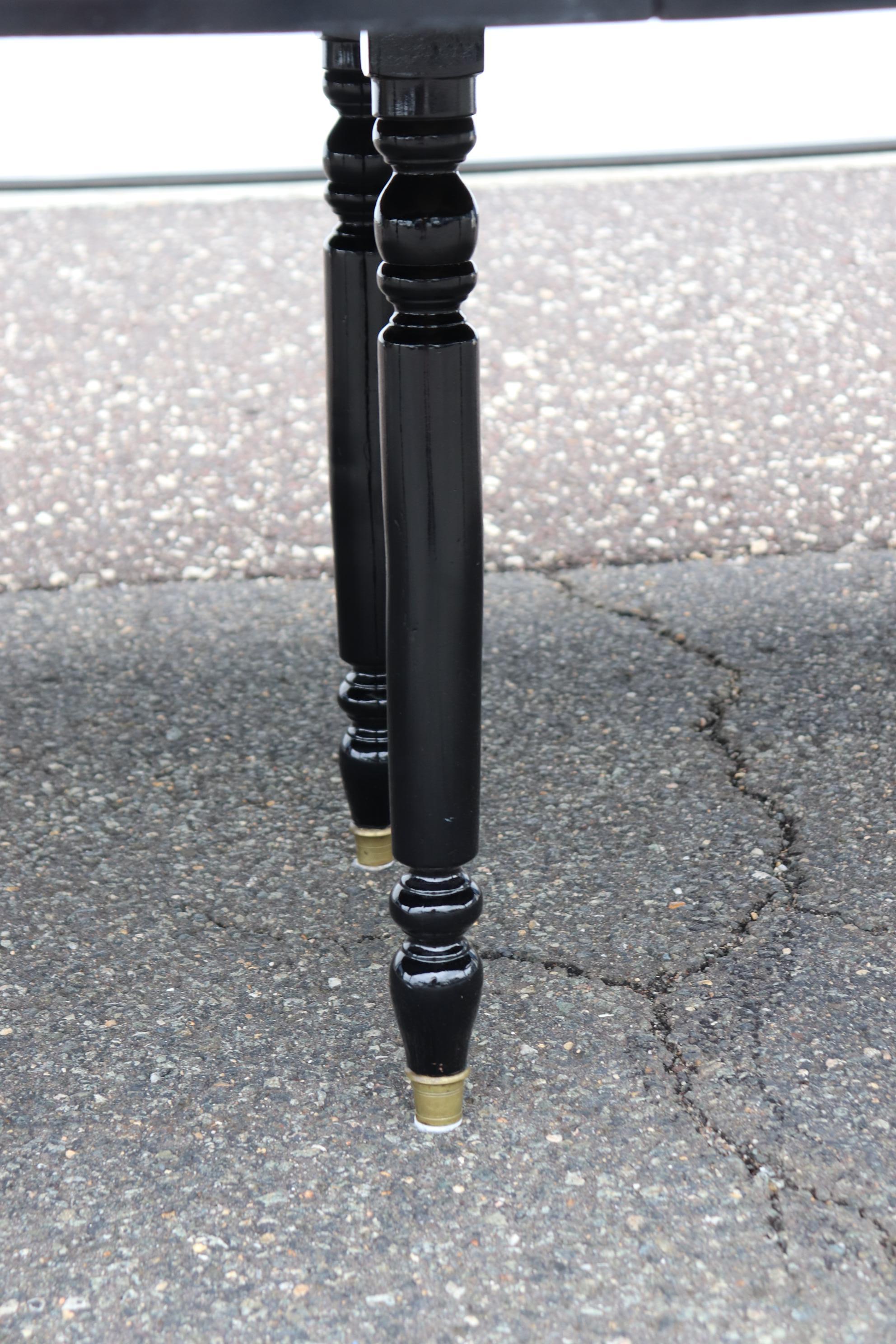 Mid-20th Century Signed Maison Jansen Ebonized Black Lacquer Dining Table Brass Trim w 2 Leaves For Sale