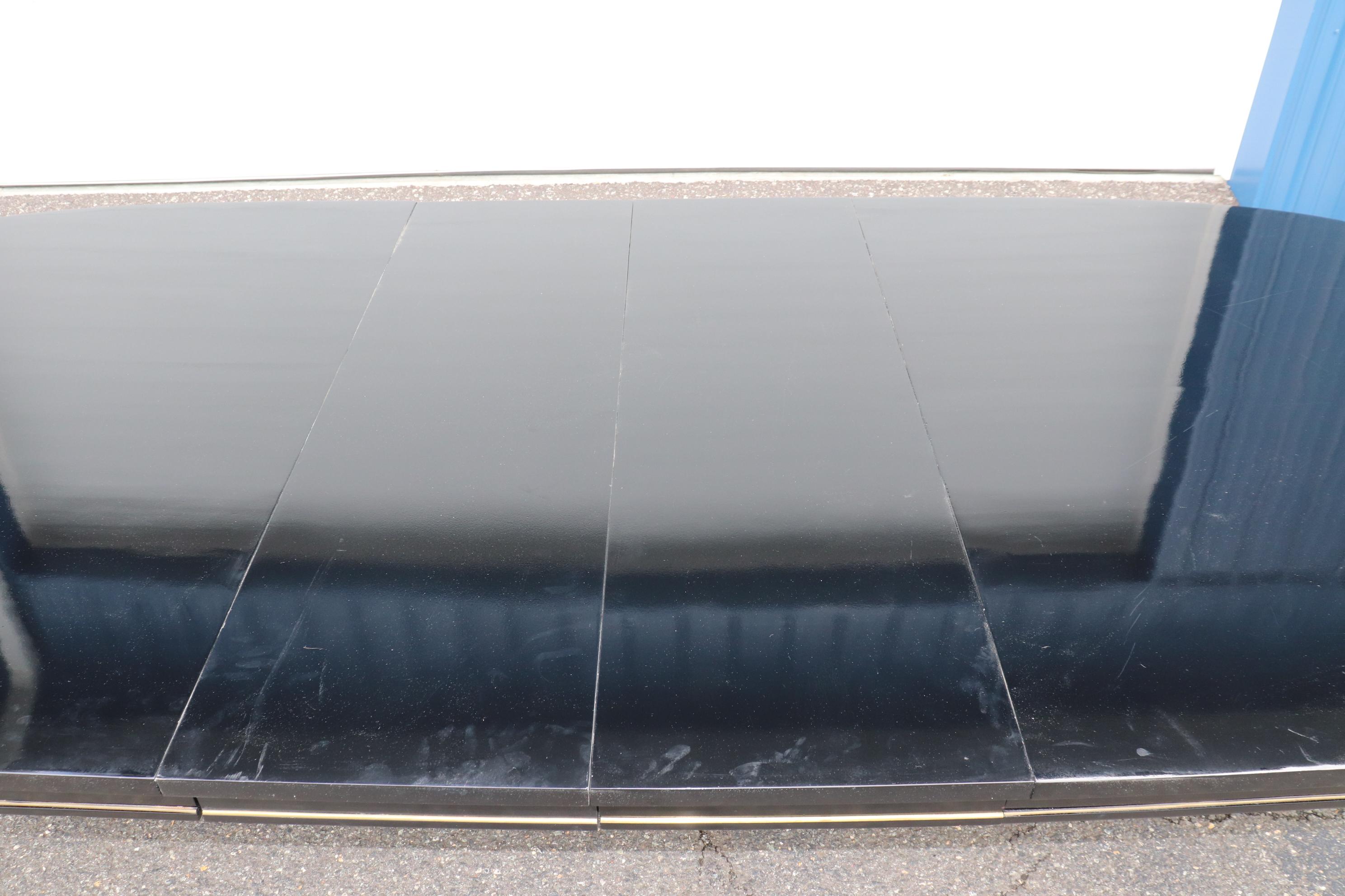 Signed Maison Jansen Ebonized Black Lacquer Dining Table Brass Trim w 2 Leaves For Sale 2