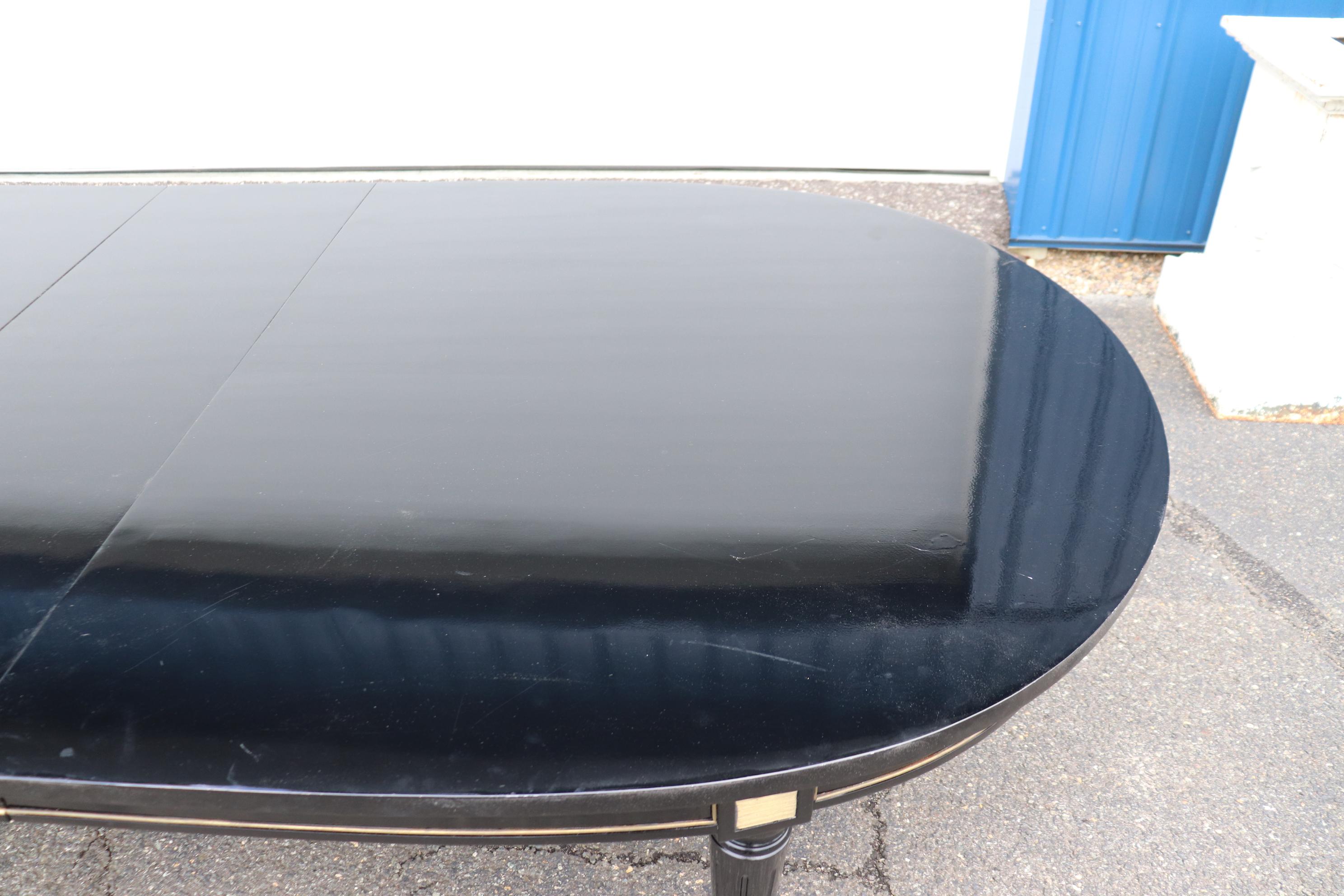 Signed Maison Jansen Ebonized Black Lacquer Dining Table Brass Trim w 2 Leaves For Sale 3