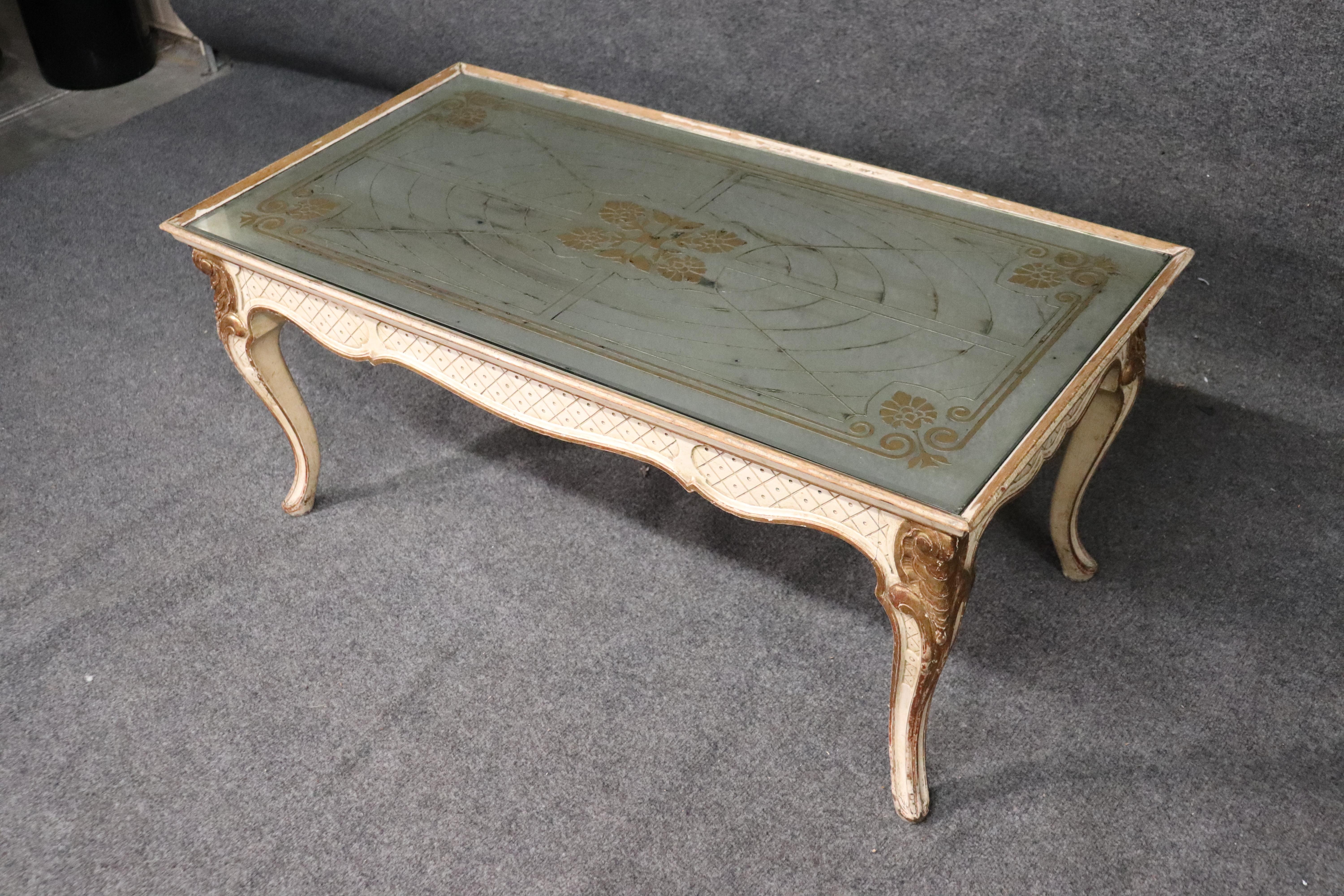 French Signed Maison Jansen Eglomise Gilded Painted Louis XV Mirrored Coffee Table