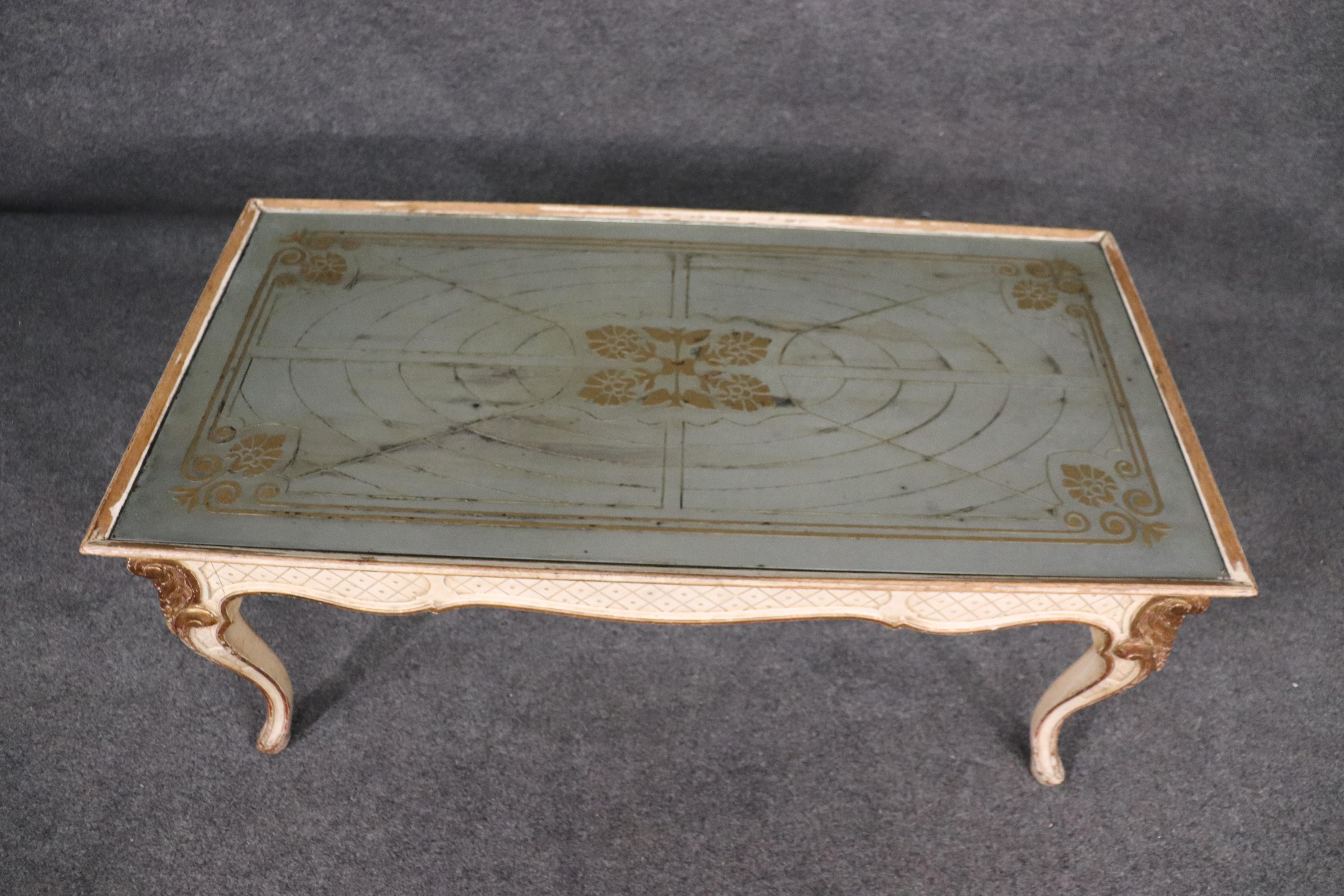 Signed Maison Jansen Eglomise Gilded Painted Louis XV Mirrored Coffee Table In Good Condition In Swedesboro, NJ