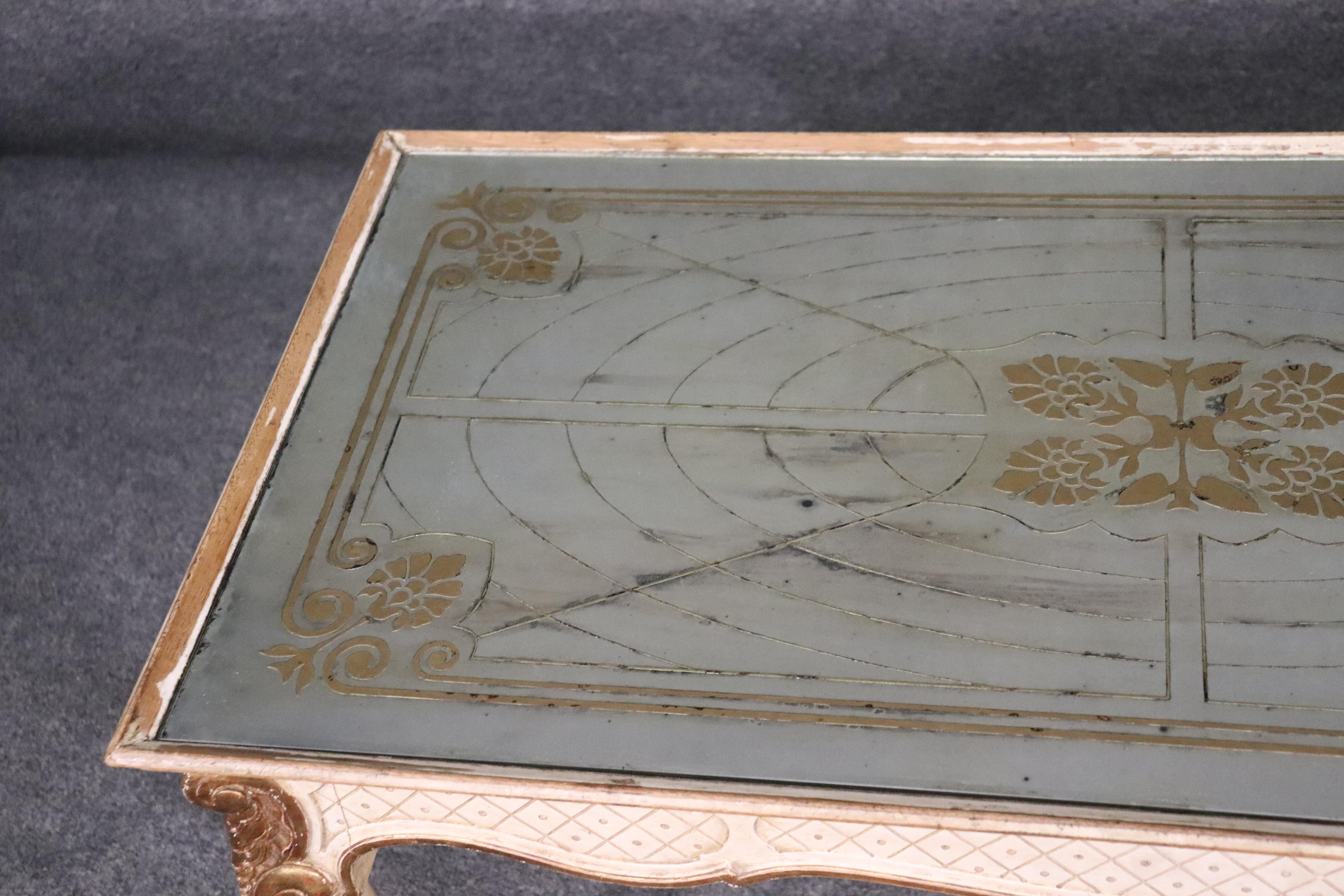 Signed Maison Jansen Eglomise Gilded Painted Louis XV Mirrored Coffee Table 3