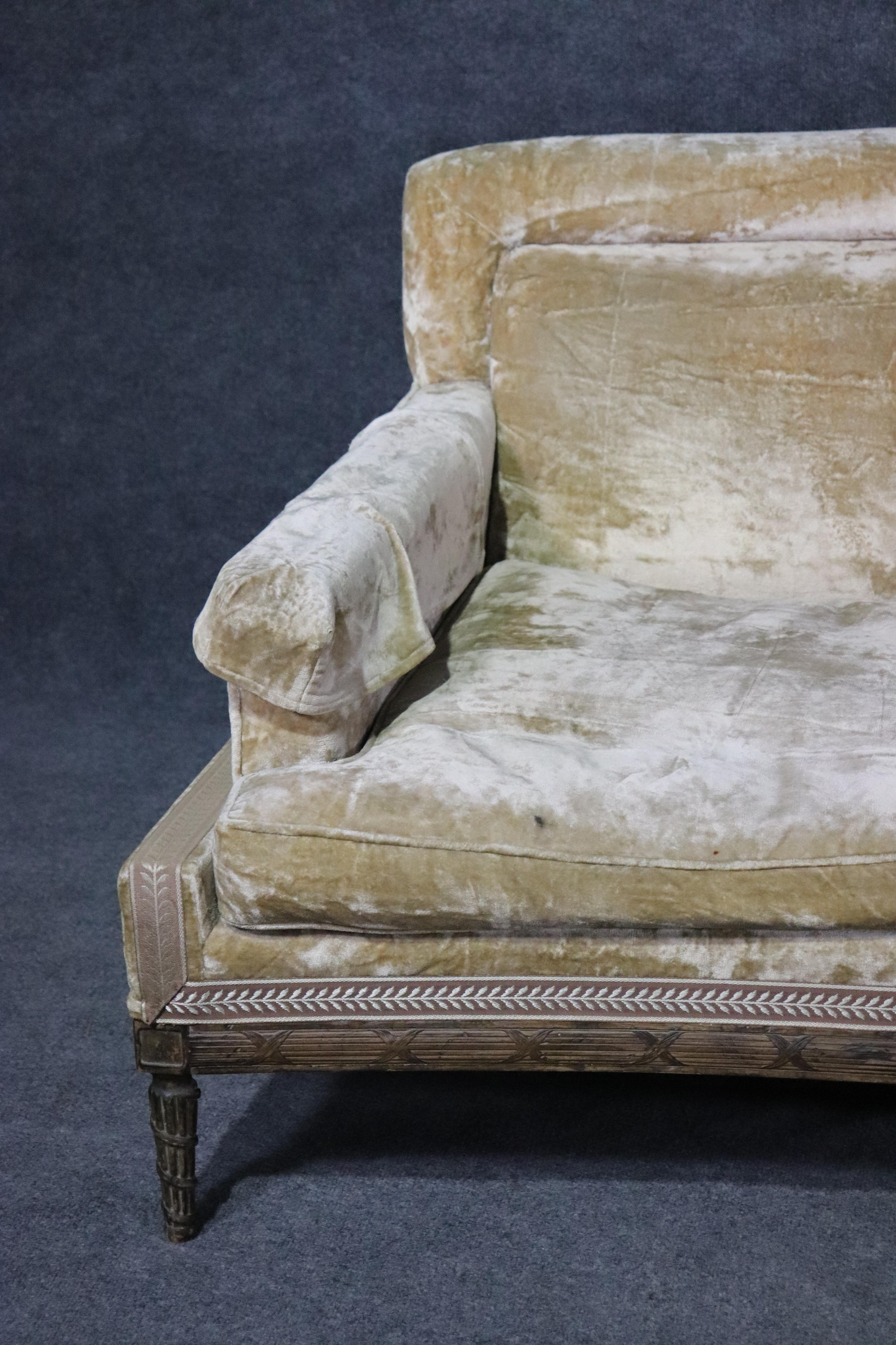 Mid-20th Century Signed Maison Jansen French Louis XVI Carved Velvet Sofa Couch Goose Feathers