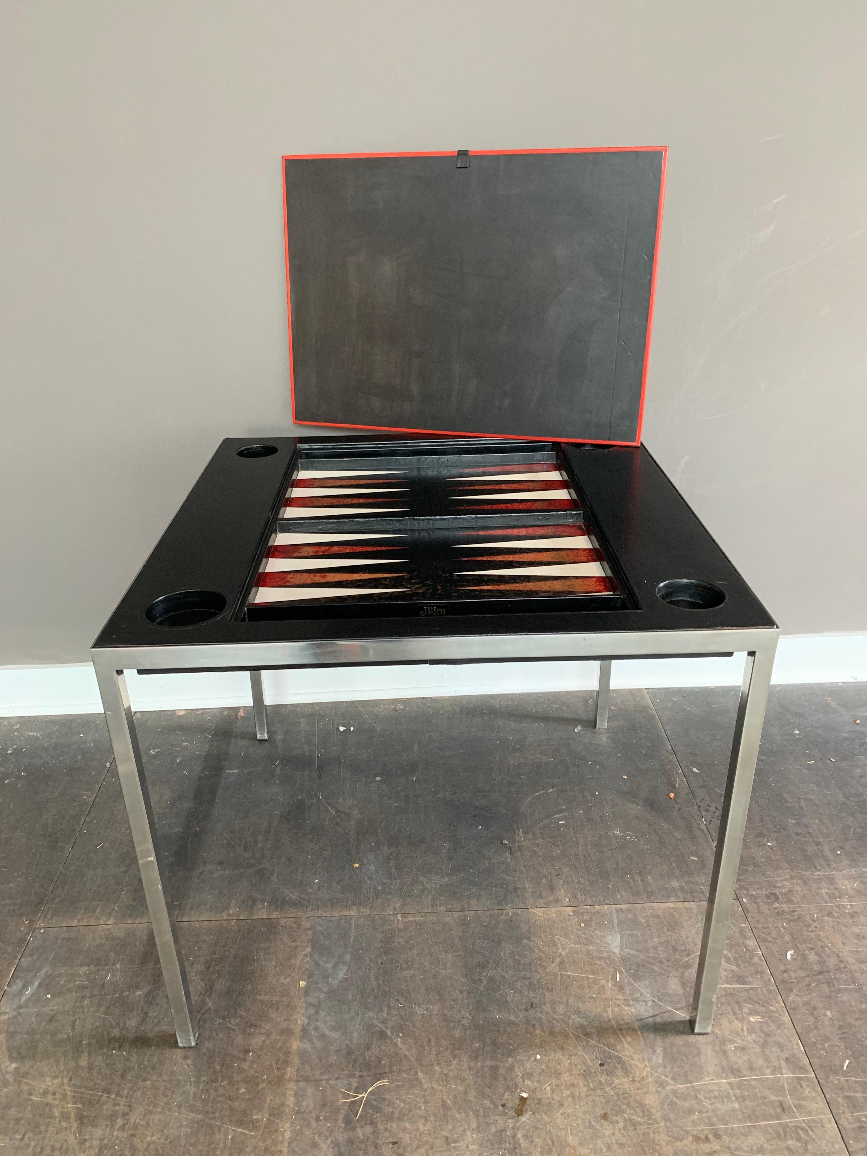 Acier Table de jeu de backgammon à plateau en cuir signée Maison Jansen en vente
