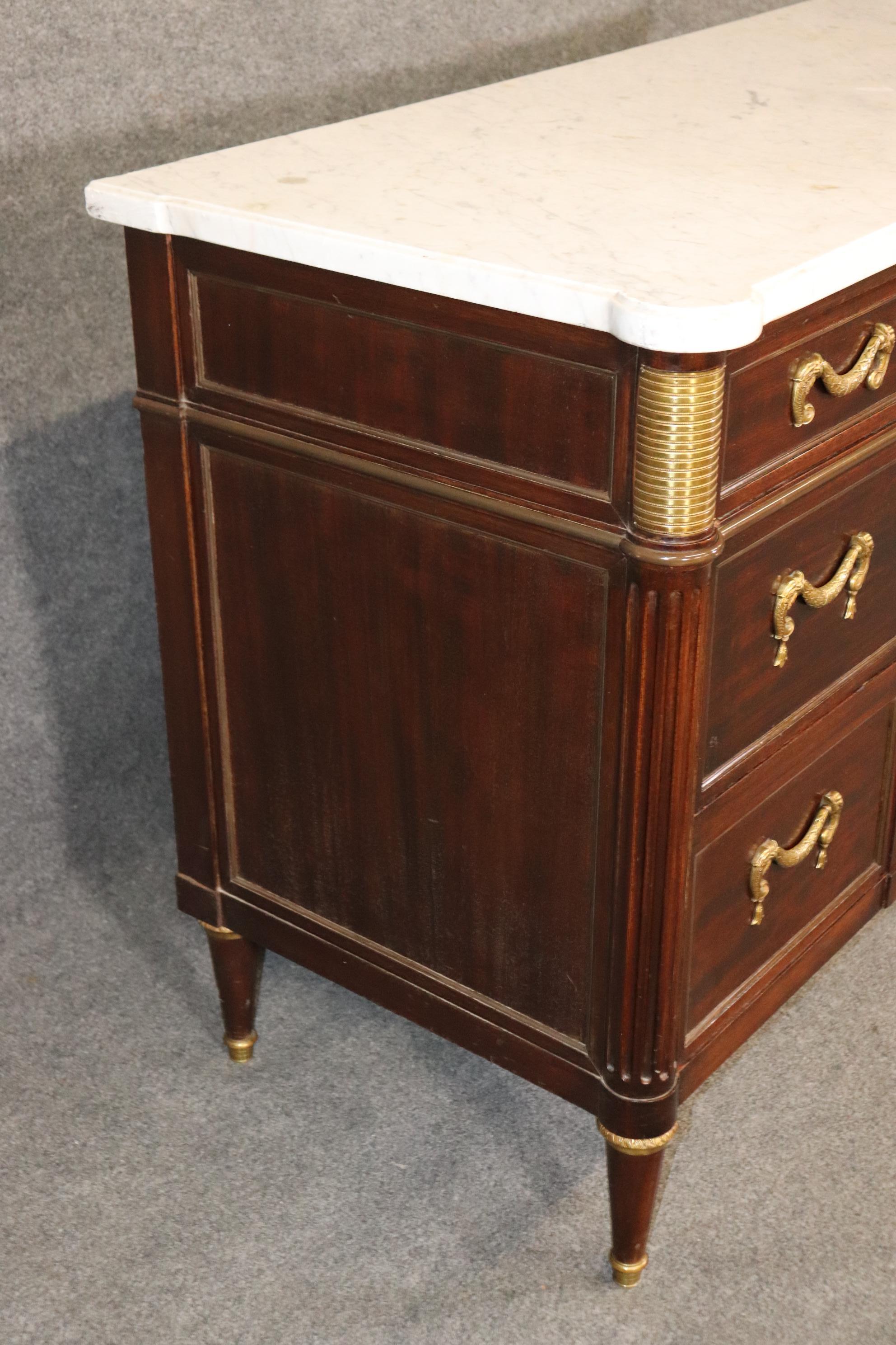 Brass Signed Maison Jansen Mahogany Louis XVI Directoire Marble Top Commode Dresser For Sale