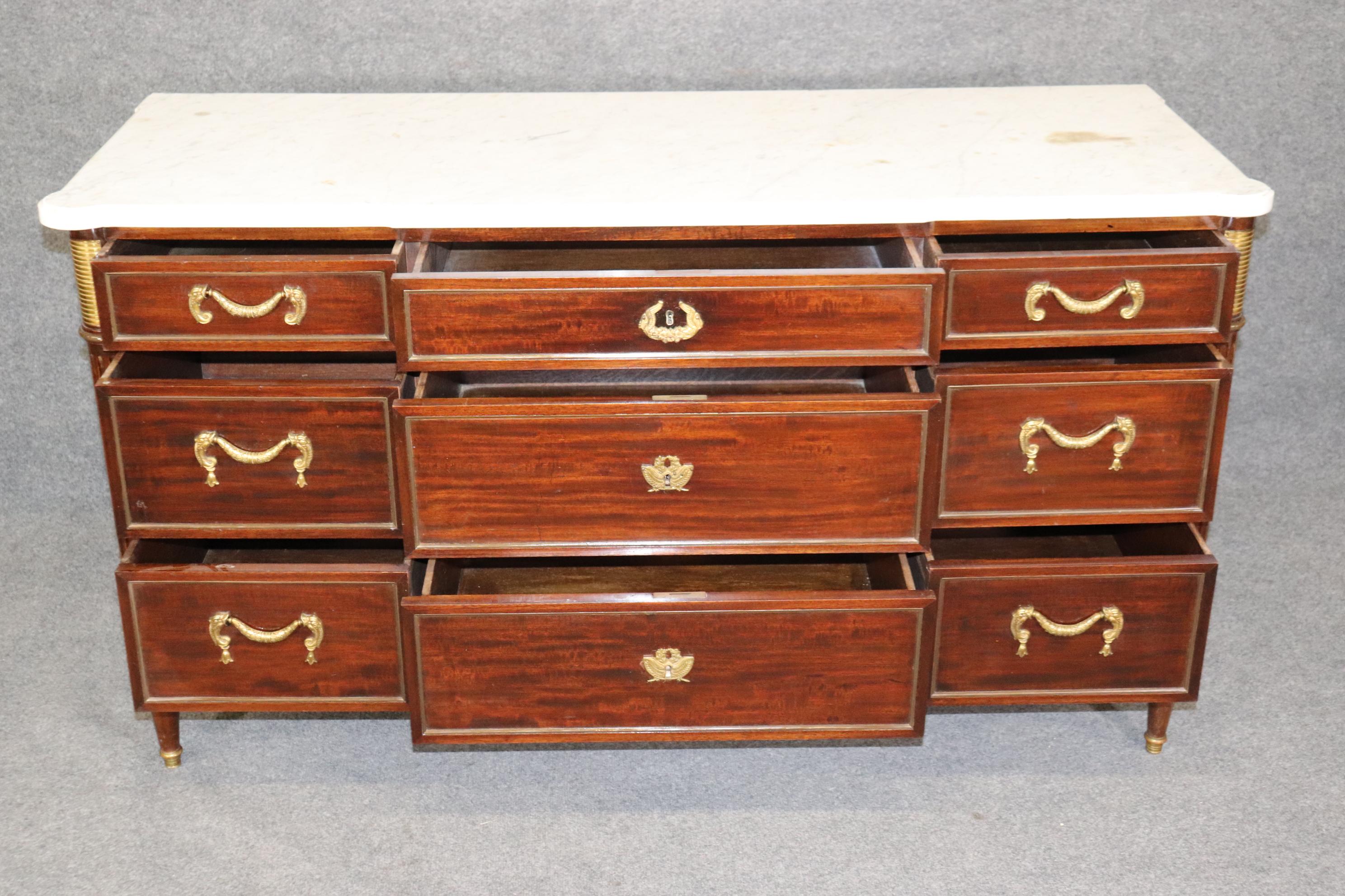 Signed Maison Jansen Mahogany Louis XVI Directoire Marble Top Commode Dresser For Sale 1