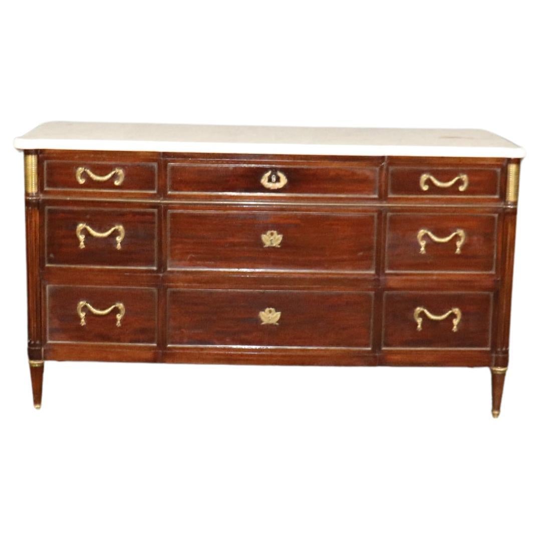 Signed Maison Jansen Mahogany Louis XVI Directoire Marble Top Commode Dresser For Sale