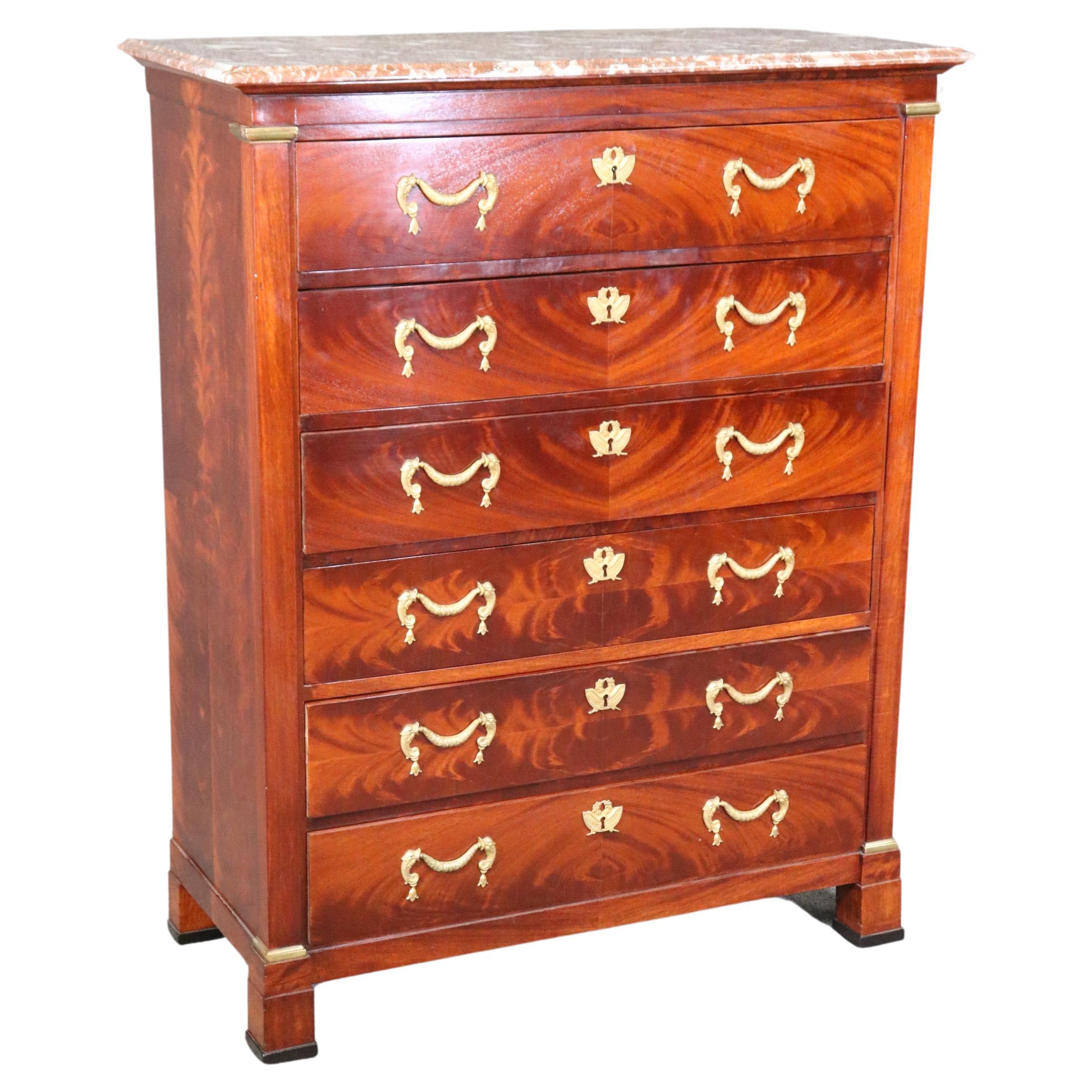 Signed Maison Jansen of Paris Flame Mahogany Tall Chest Dresser With Marble Top For Sale
