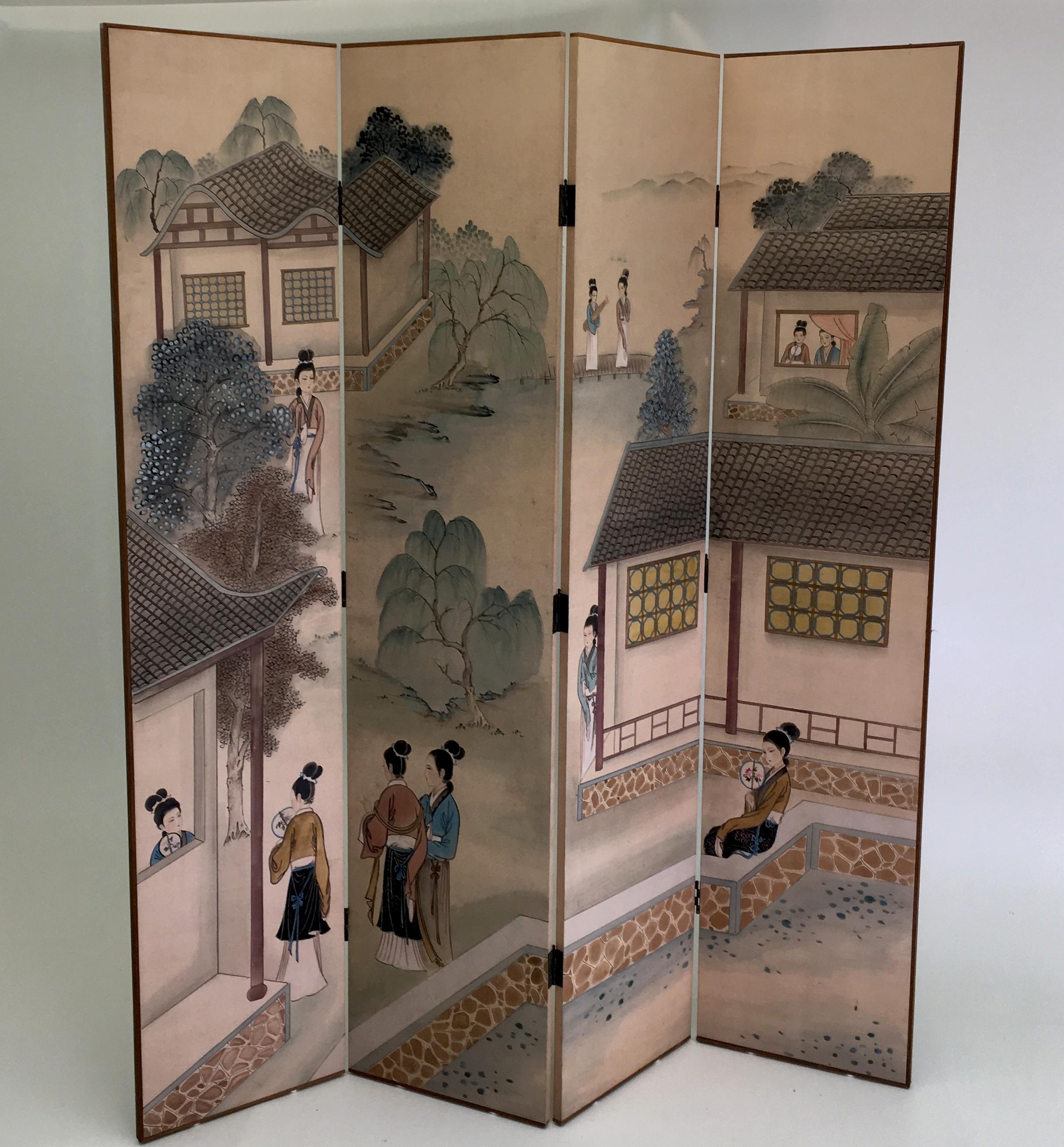 Maitland-Smith Ltd,
circa 1979, Hing Kong Production
Silk, painted, paper backed, walnut
Measures 62 wide x 72 tall. Each panel is 3/4