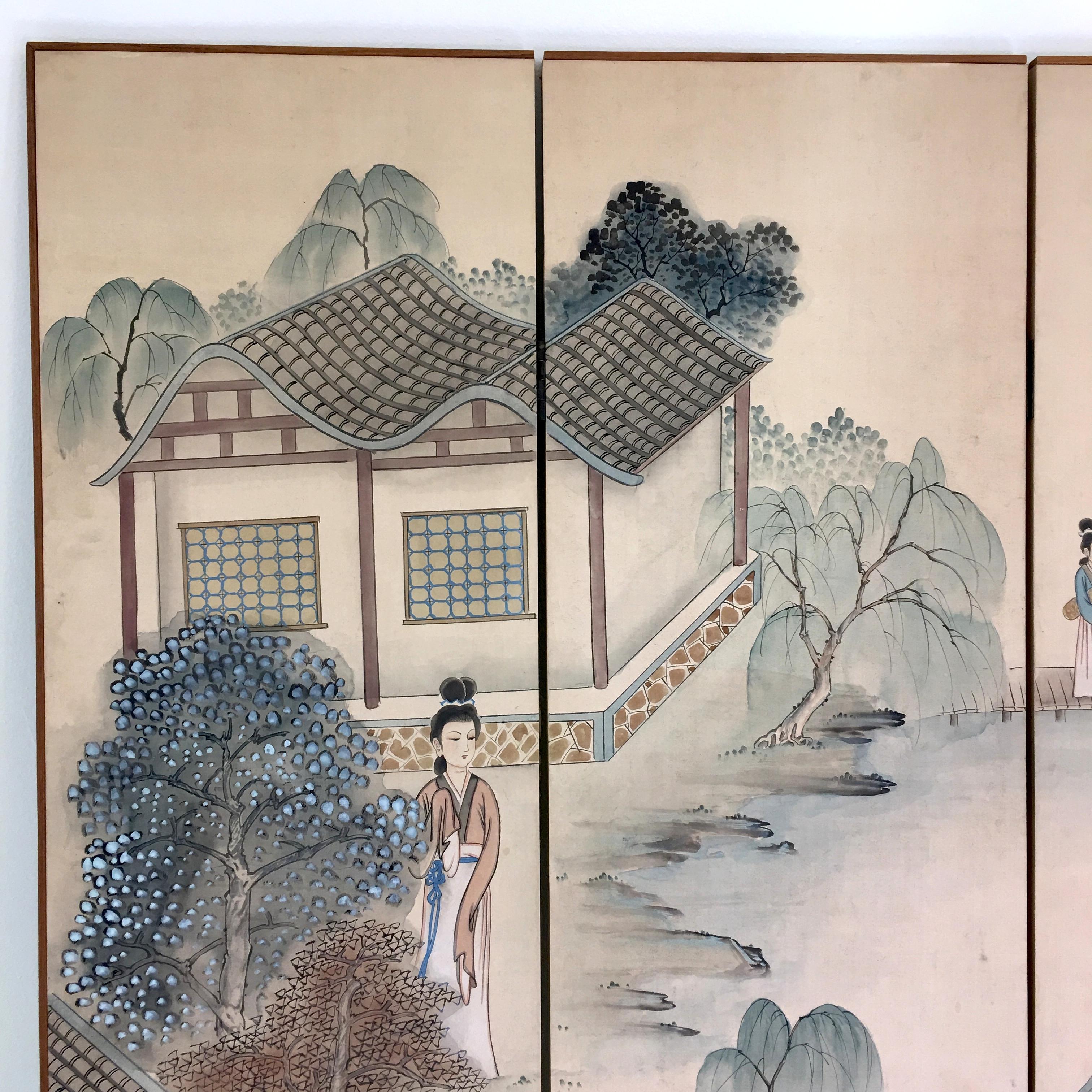 Chinoiserie Signed Maitland-Smith Folding Silk Privacy Screen Made in Hong Kong 1979