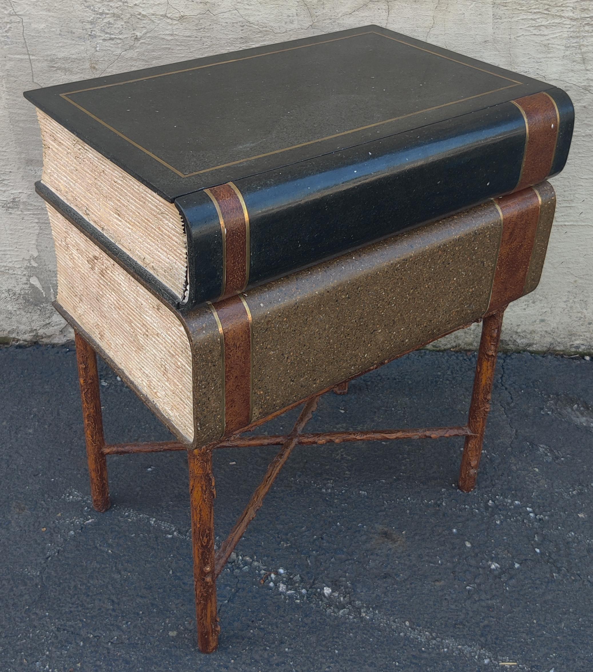 Brass Signed Maitland Smith Marble Faux Bois Stacked Books Trunk or End Table 1980s For Sale