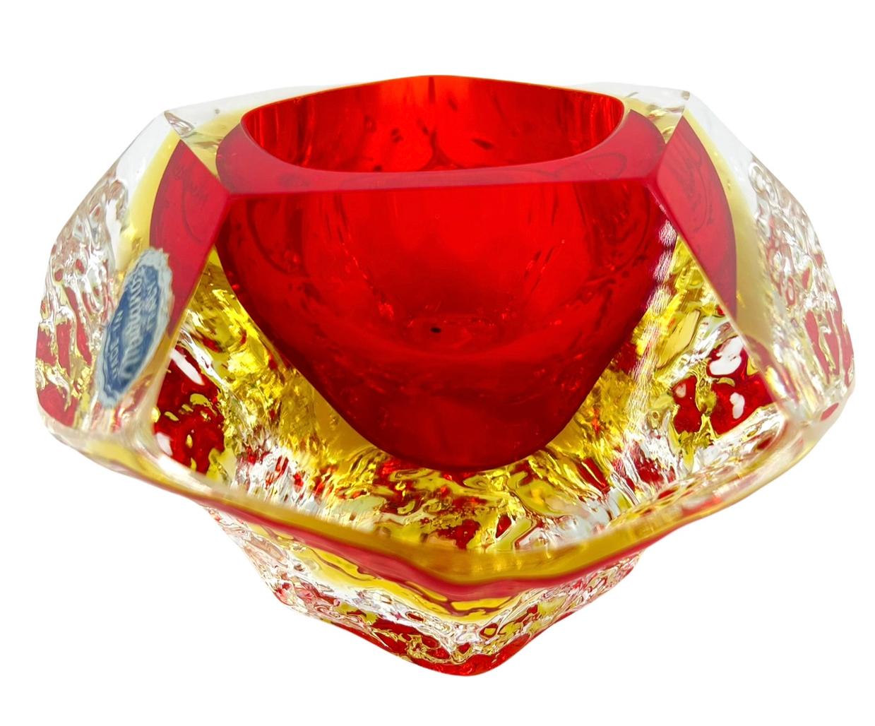 Italian Signed Mandruzzato Murano Faceted Sommerso Red and Yellow Art Glass Bowl For Sale