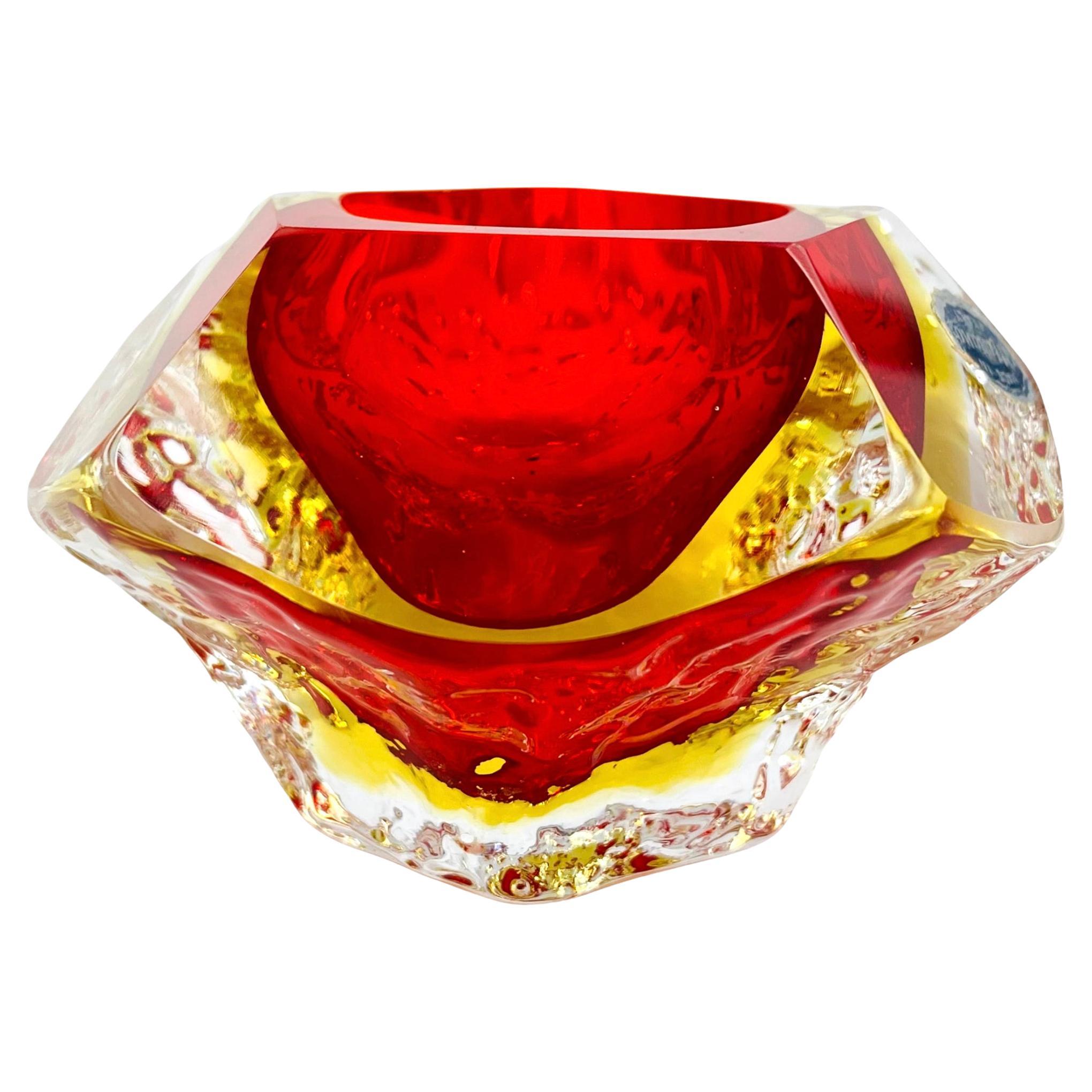 Signed Mandruzzato Murano Faceted Sommerso Red and Yellow Art Glass Bowl For Sale