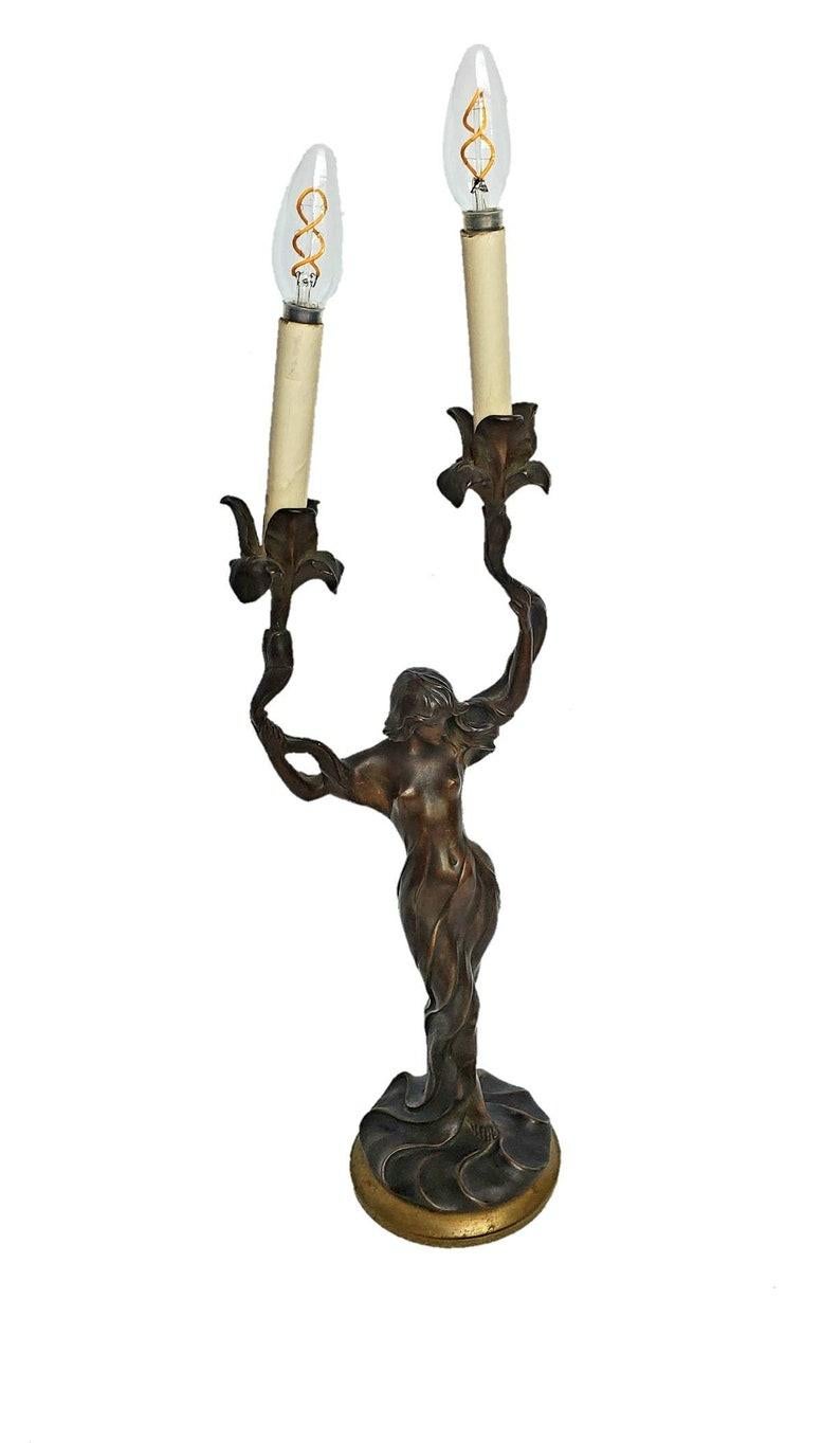 Signed Marcel Debut French Art Nouveau Bronze Sculptural Lamp For Sale 4
