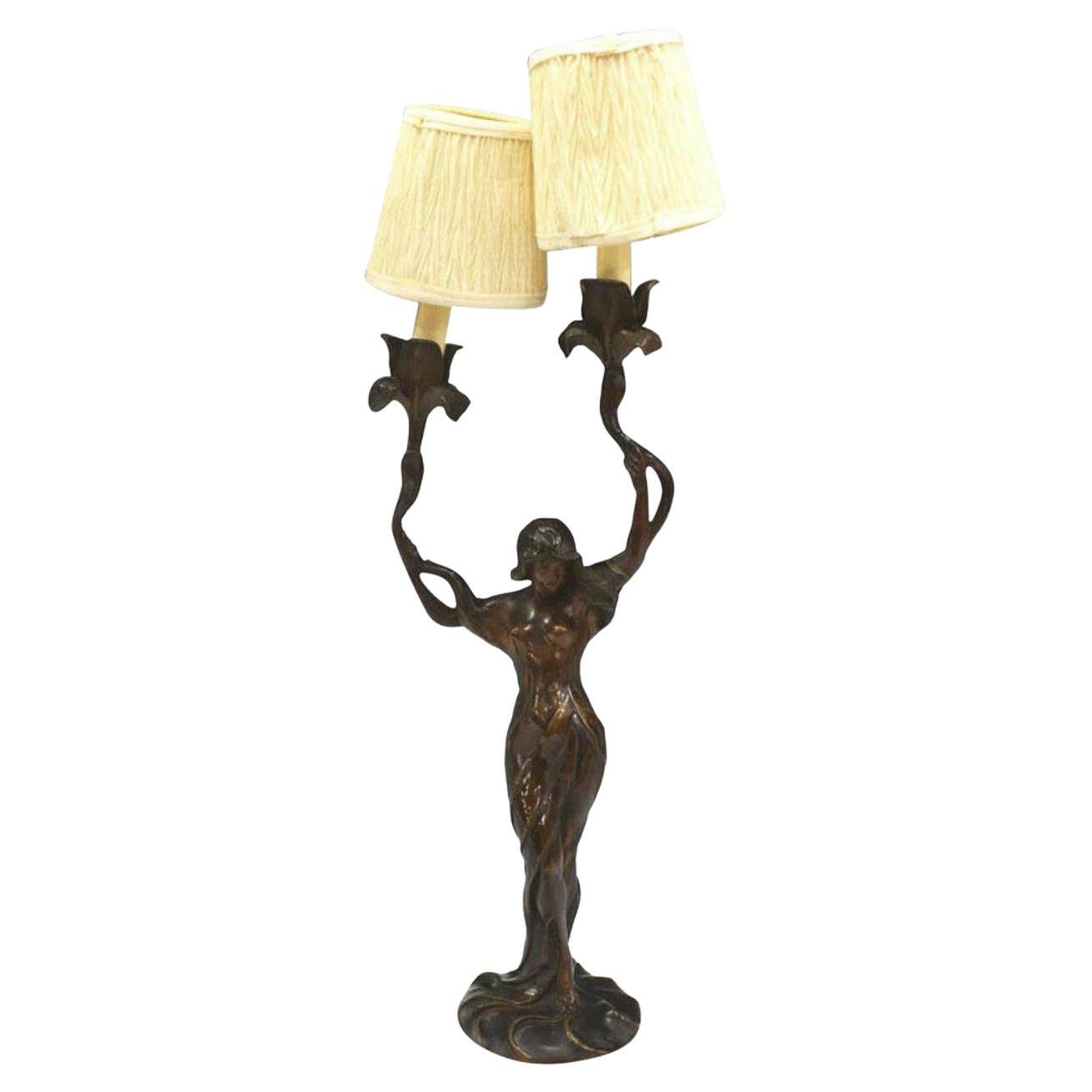 Signed Marcel Debut French Art Nouveau Bronze Sculptural Lamp For Sale