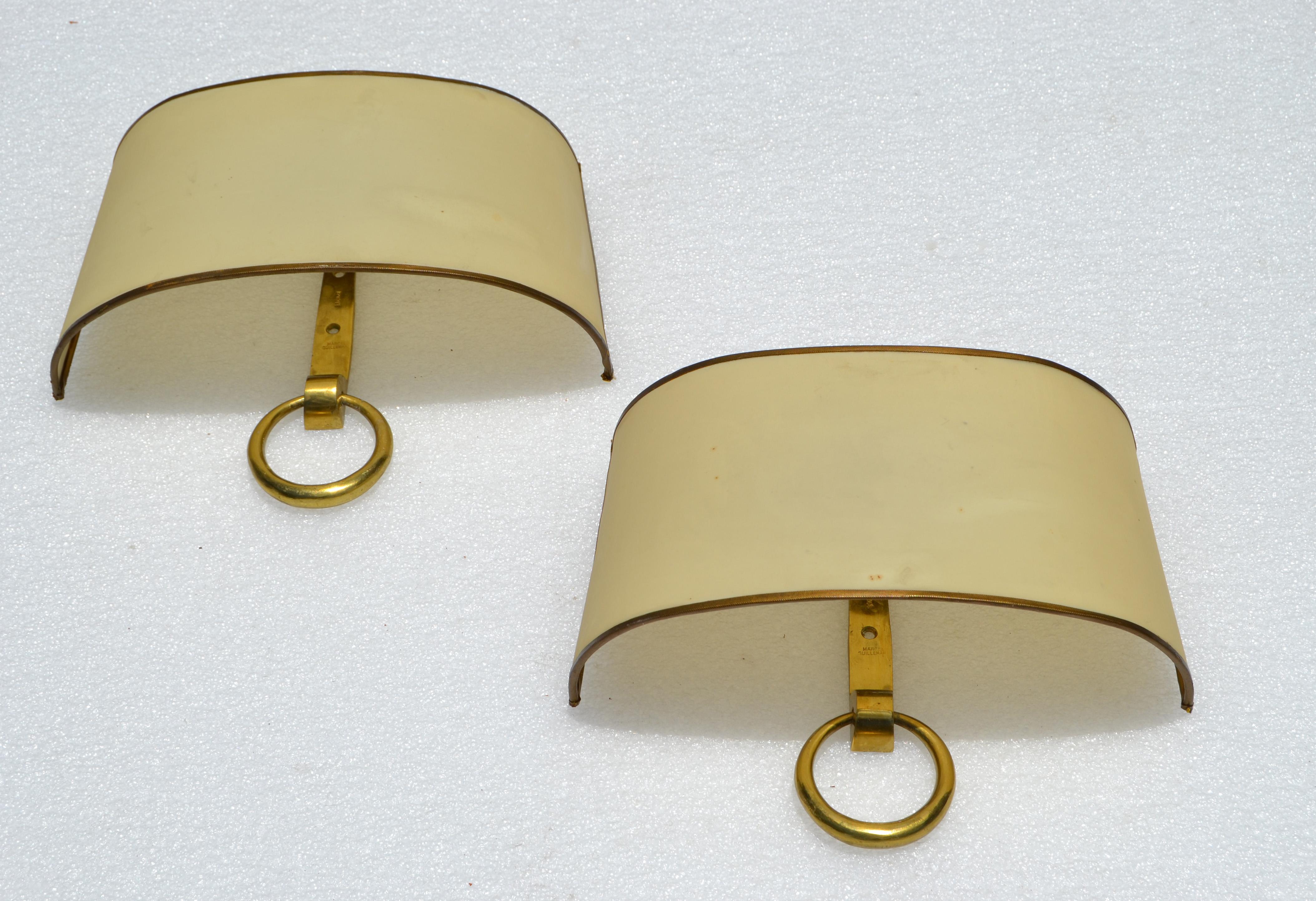 Signed Marcel Guillemard Pair of Bronze Sconces & Half Shades France Art Deco For Sale 3