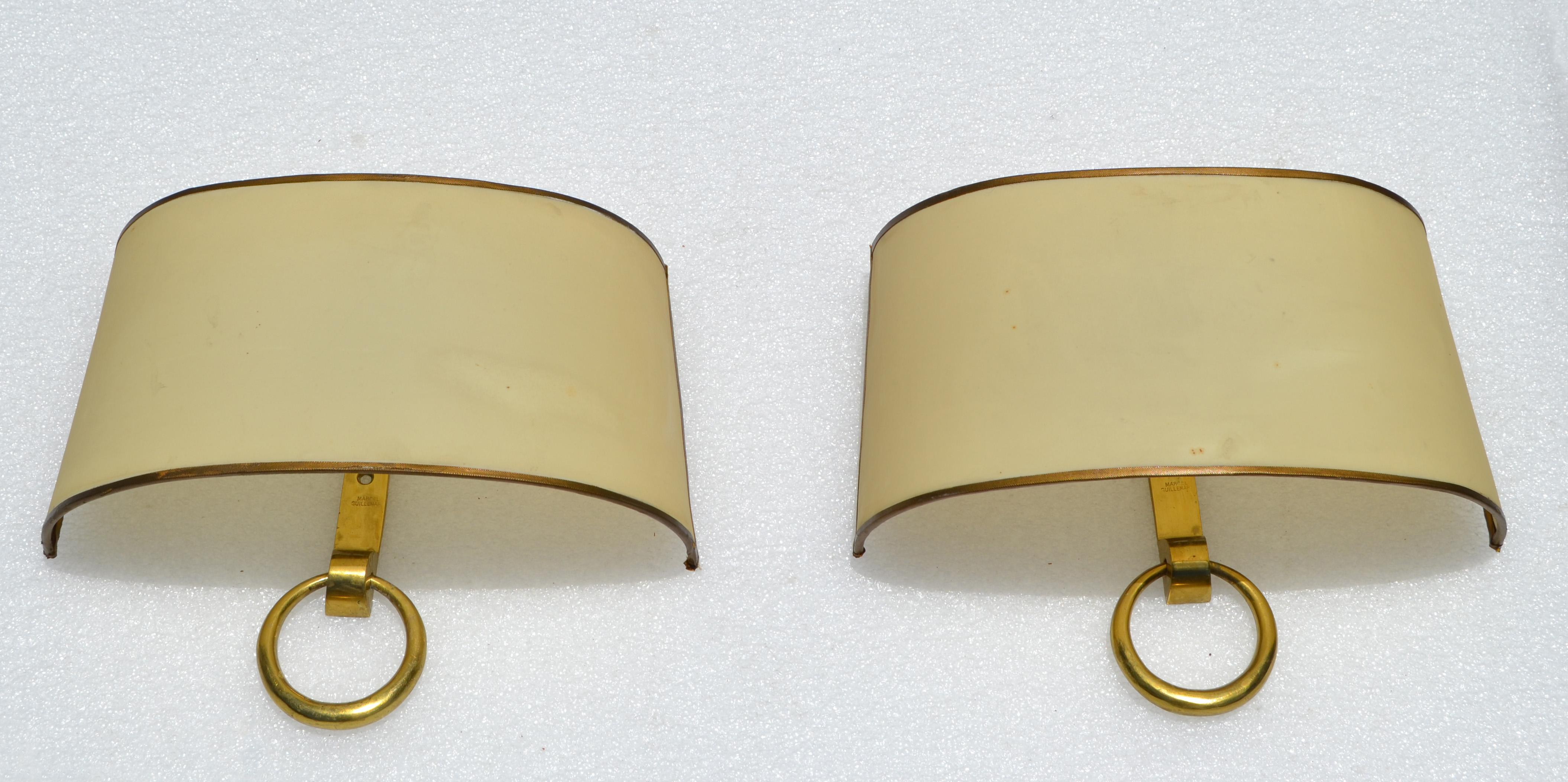 Signed Marcel Guillemard Pair of Bronze Sconces & Half Shades France Art Deco For Sale 11