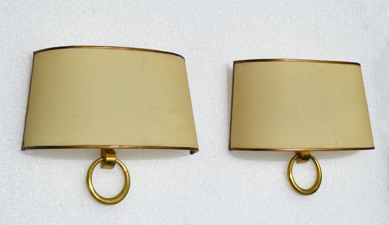 French Signed Marcel Guillemard Pair of Bronze Sconces & Half Shades France Art Deco For Sale