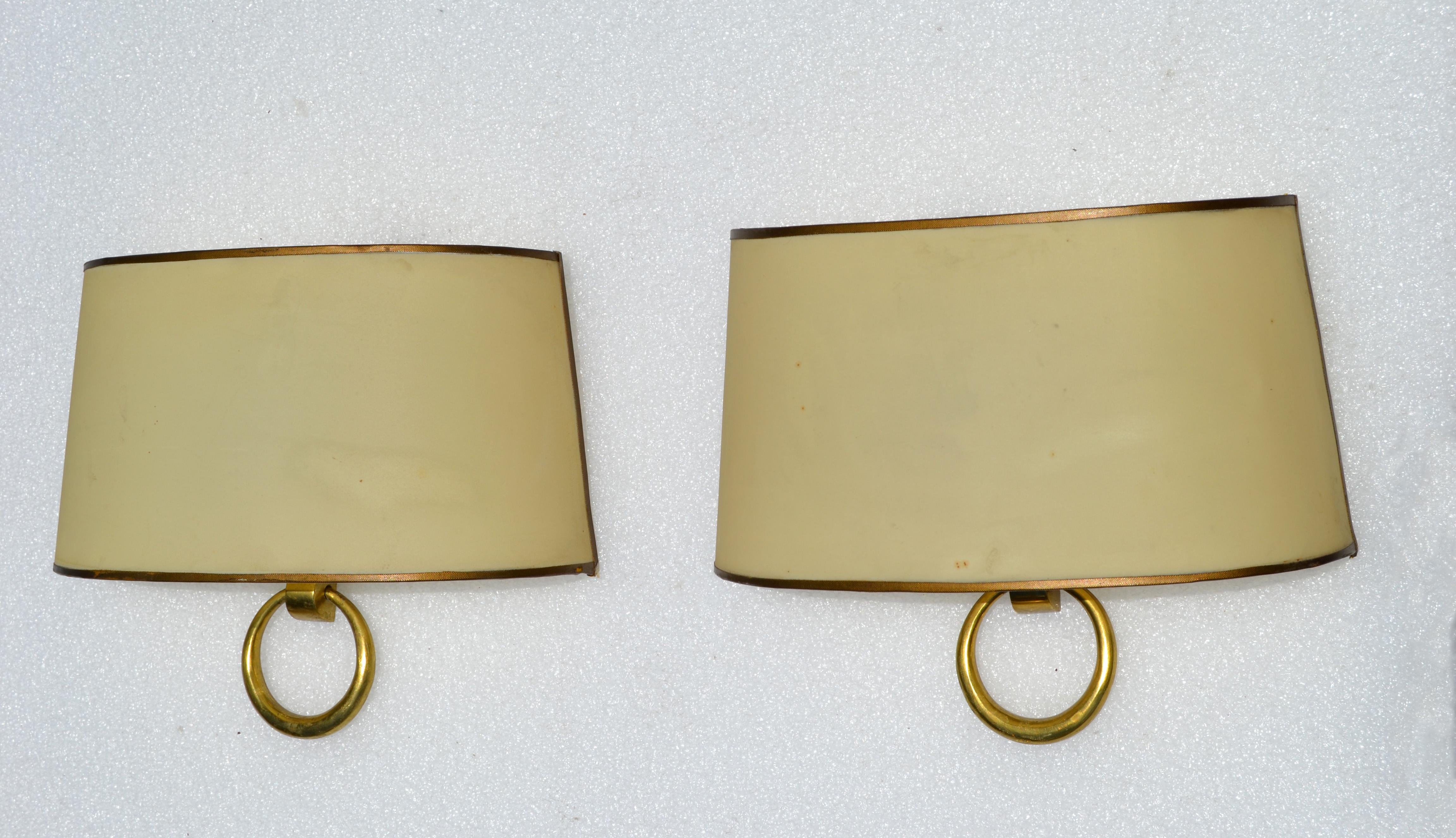 French Signed Marcel Guillemard Pair of Bronze Sconces & Half Shades France Art Deco For Sale