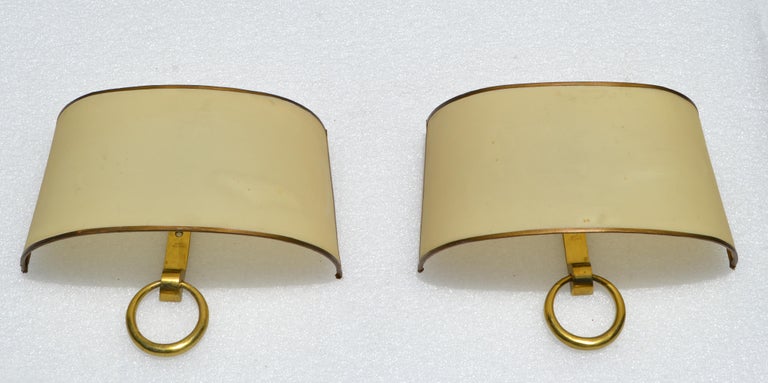 Signed Marcel Guillemard Pair of Bronze Sconces & Half Shades France Art Deco In Good Condition For Sale In Miami, FL