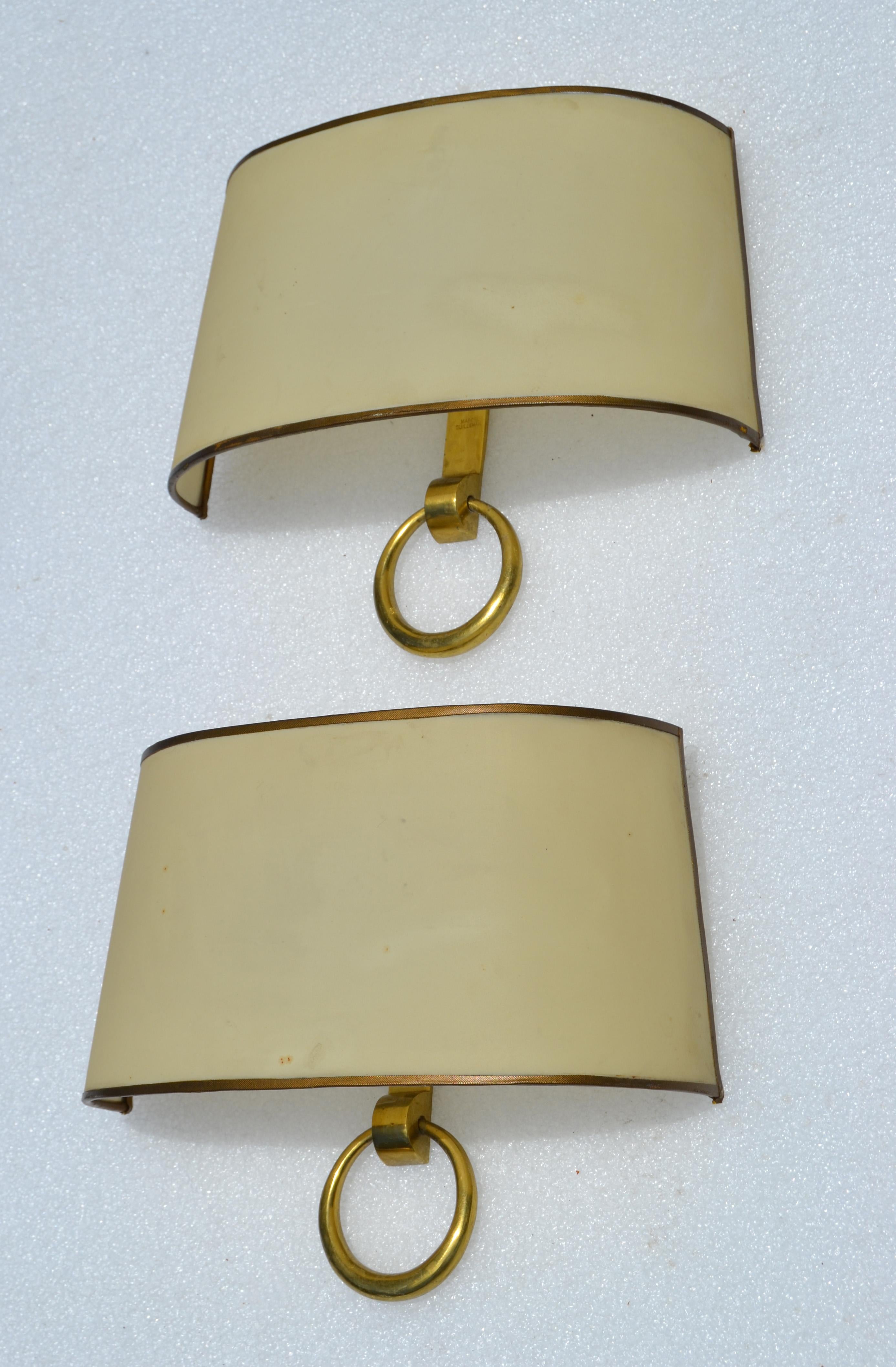 Mid-20th Century Signed Marcel Guillemard Pair of Bronze Sconces & Half Shades France Art Deco For Sale
