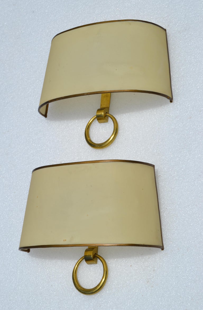 Mid-20th Century Signed Marcel Guillemard Pair of Bronze Sconces & Half Shades France Art Deco For Sale